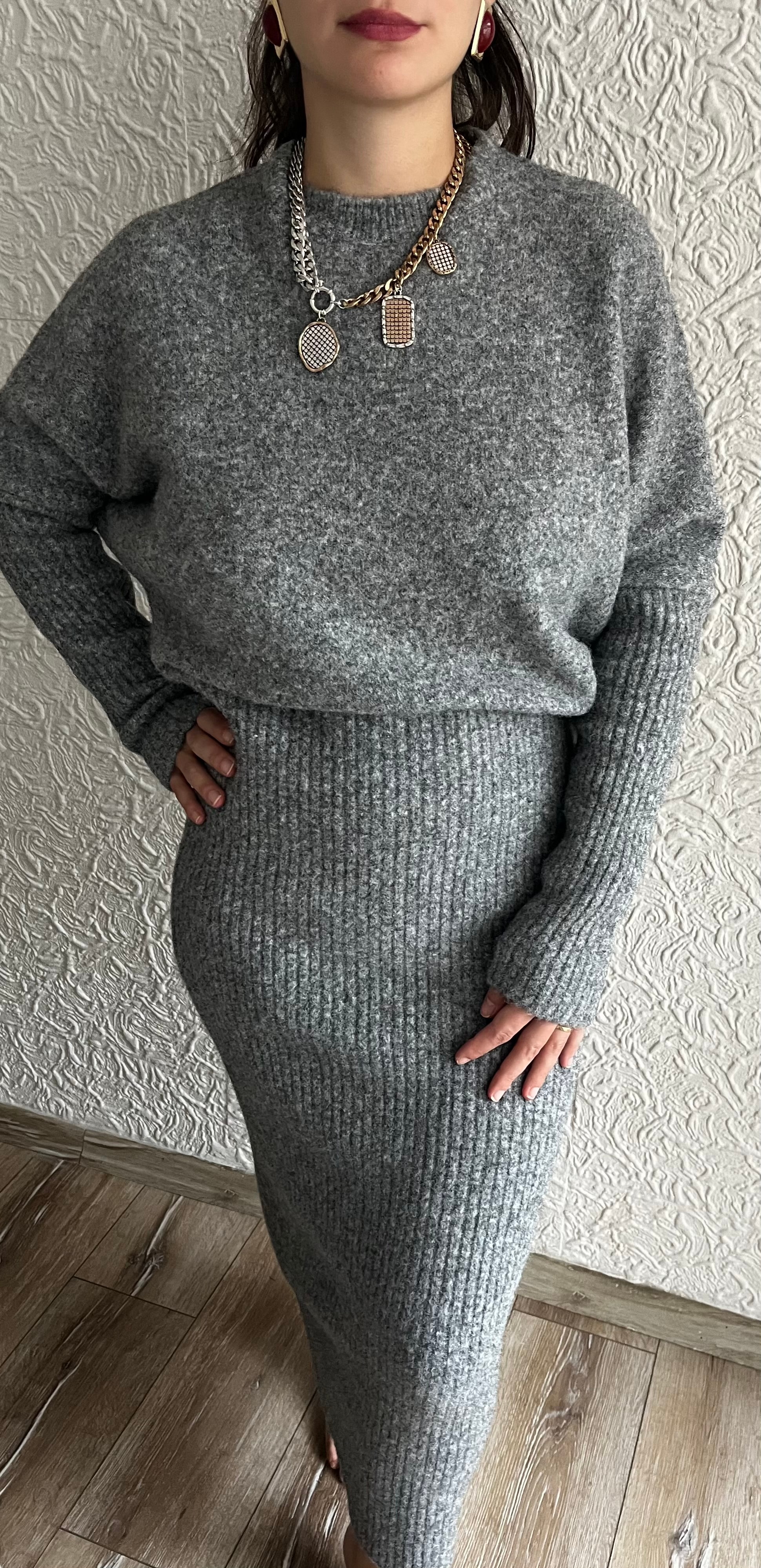 Gri Triko Midi Elbise 