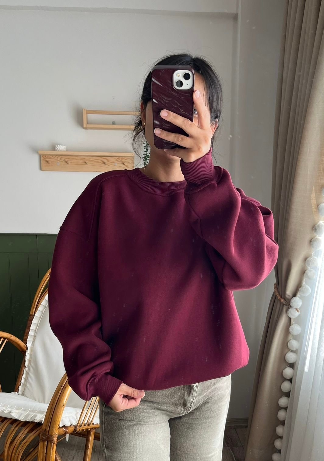 Bordo Oversize Şardonlu Sweatshirt
