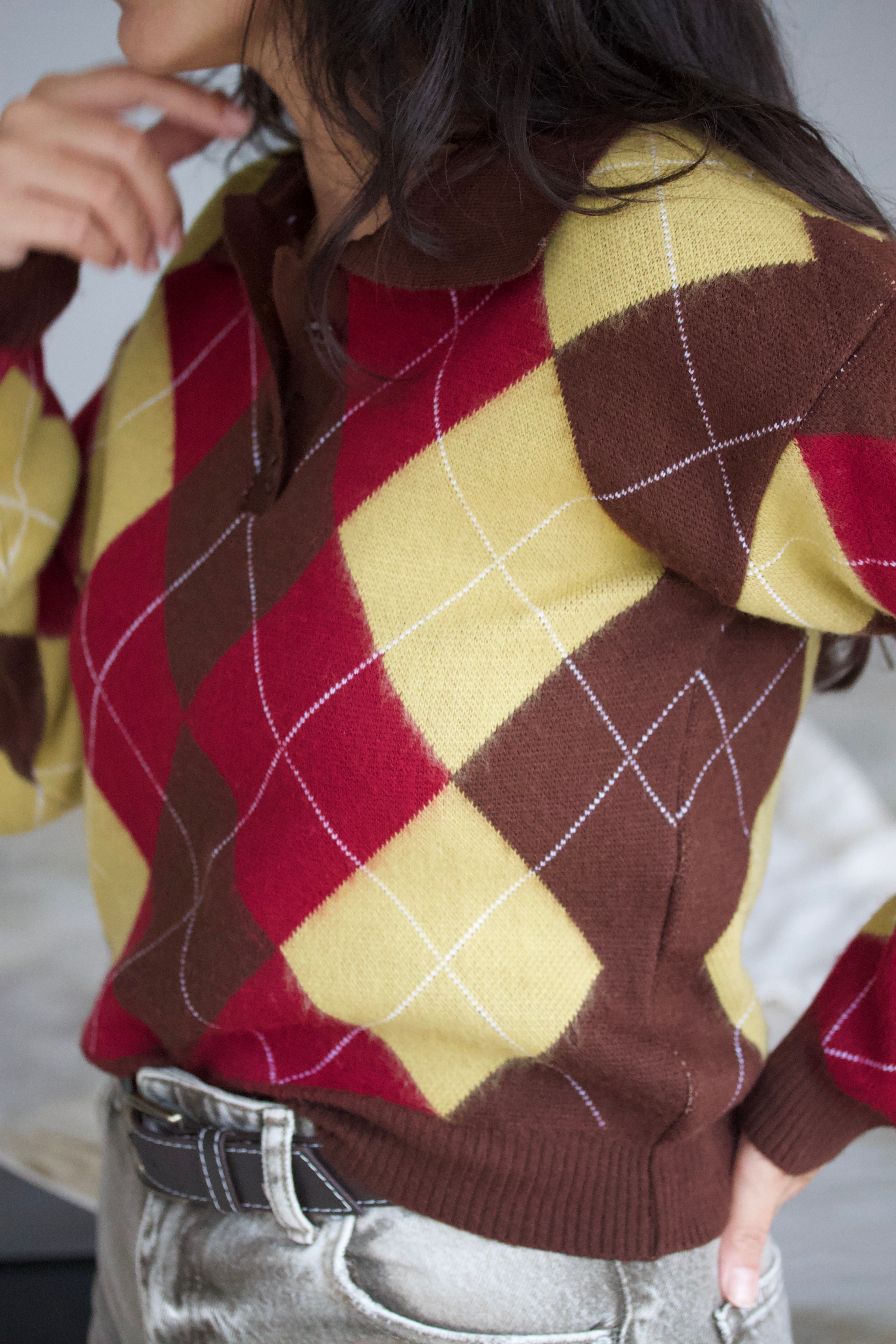 Polo Yaka Baklava Desenli Kazak