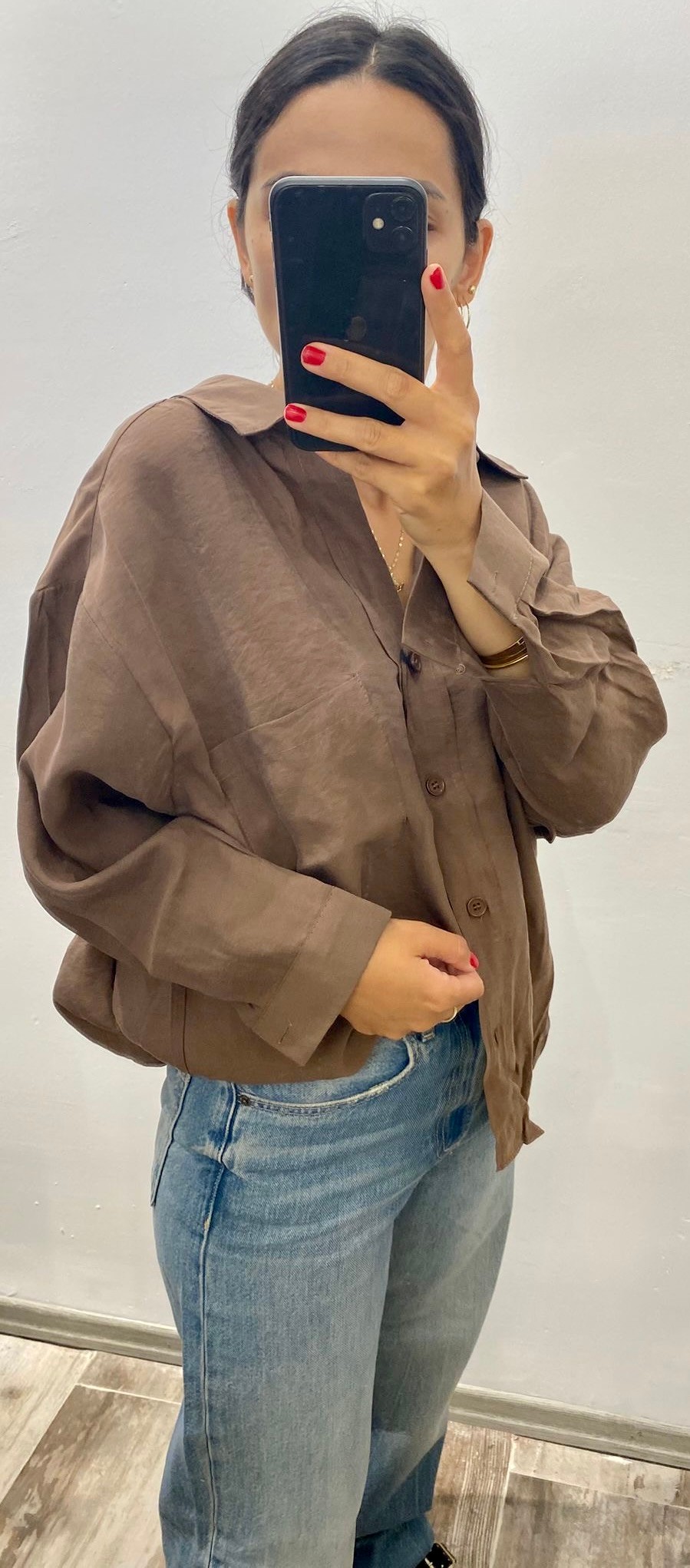 Kahve Düşük Omuzlu Oversize Gömlek
