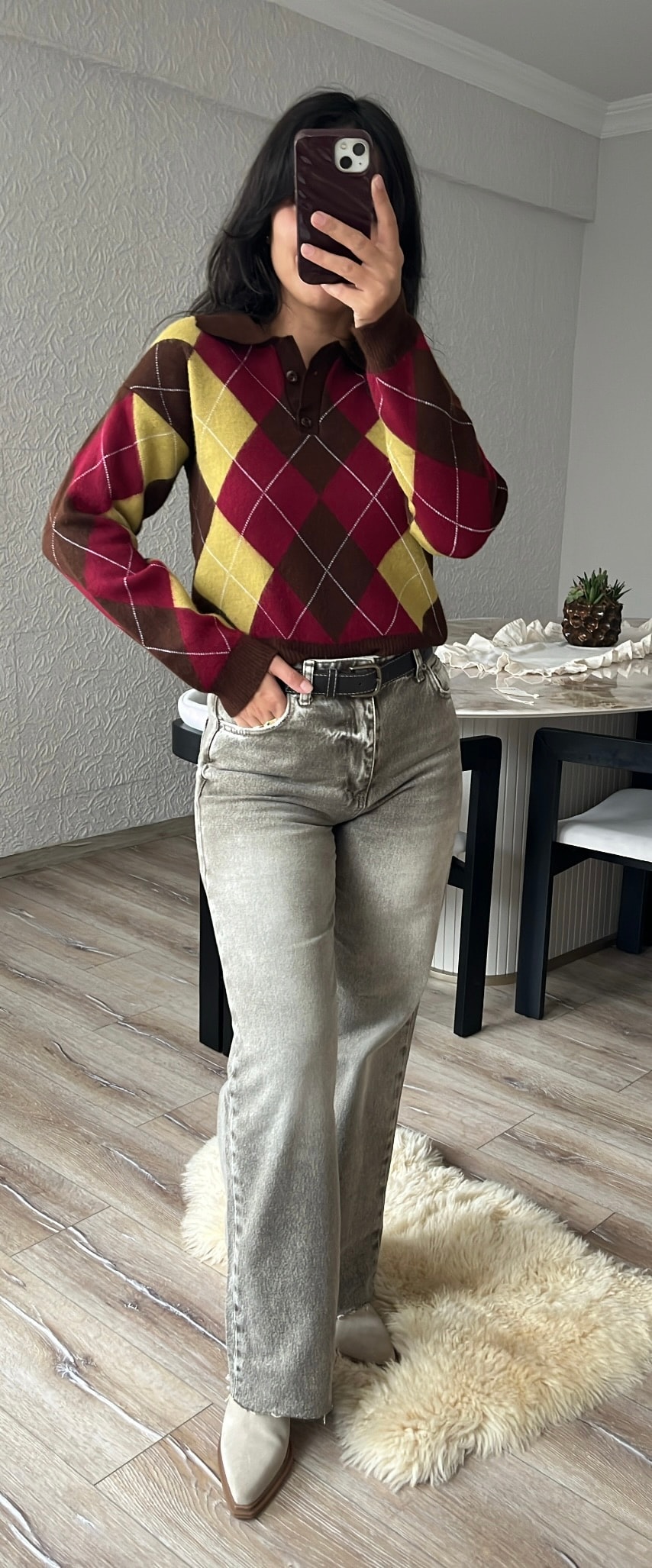 Polo Yaka Baklava Desenli Kazak