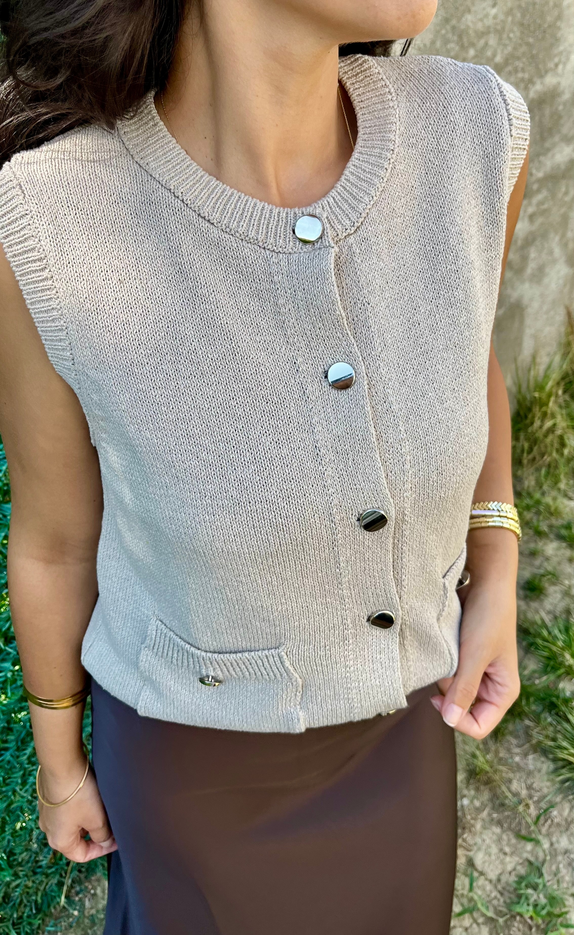 Vizon Düğme Detaylı Triko Yelek 