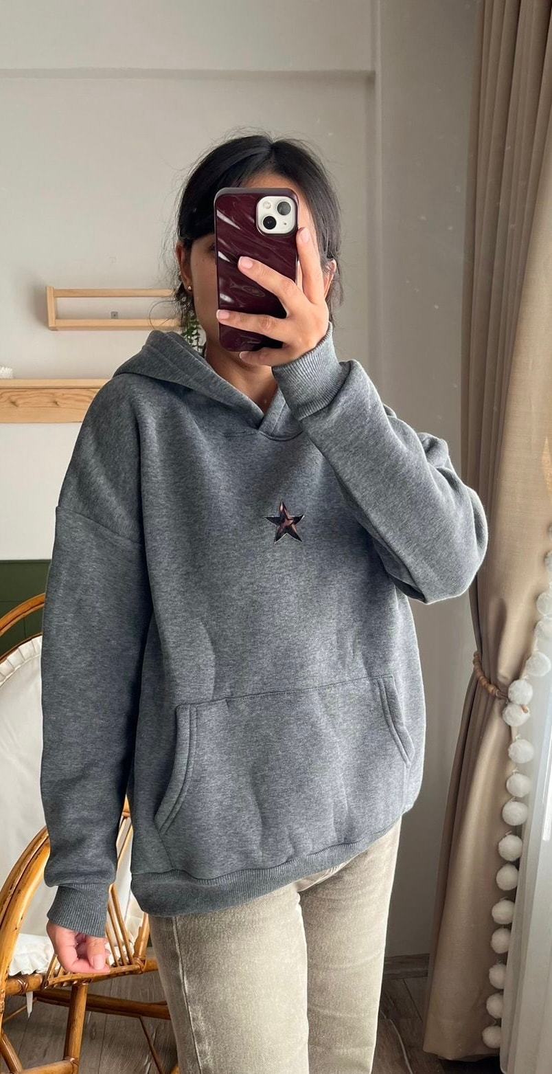 Füme Yıldız Desenli Kapüşonlu Sweatshirt