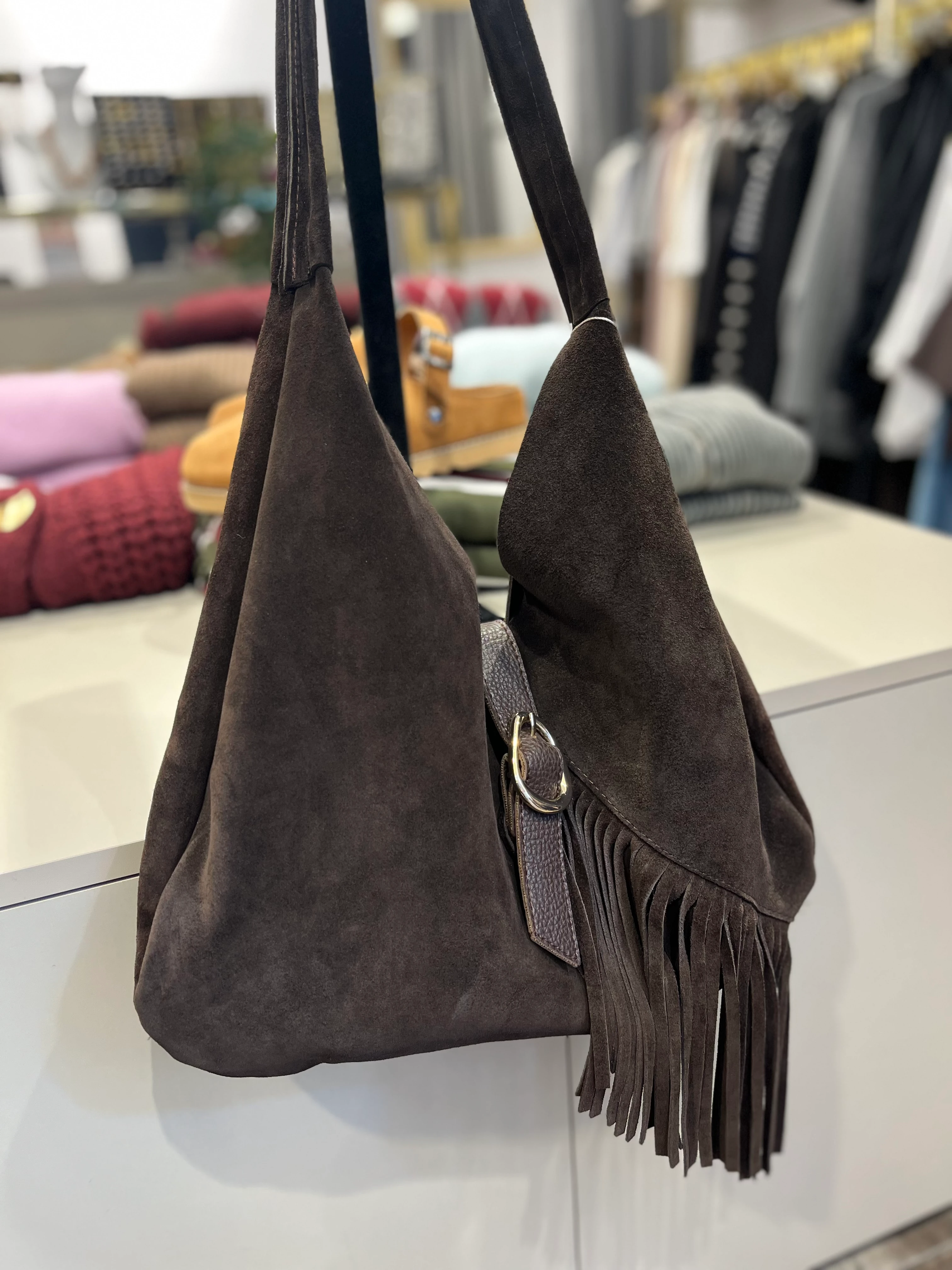 Hakiki Süet Deri Acı Kahve Püsküllü Çanta 