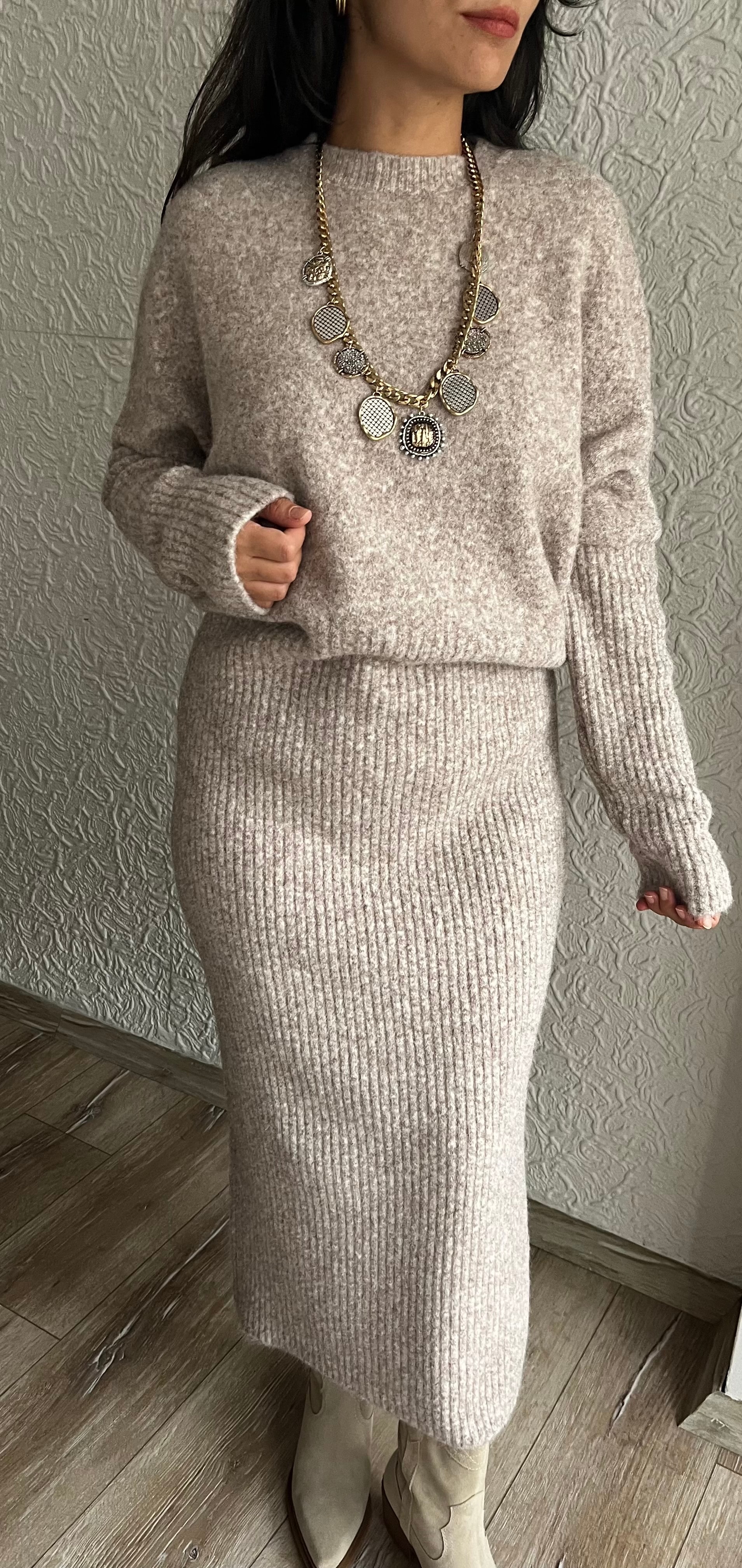 Bej Triko Midi Elbise 