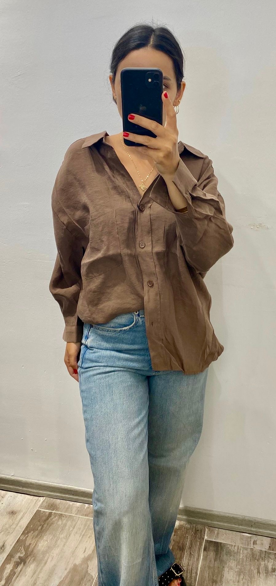 Kahve Düşük Omuzlu Oversize Gömlek