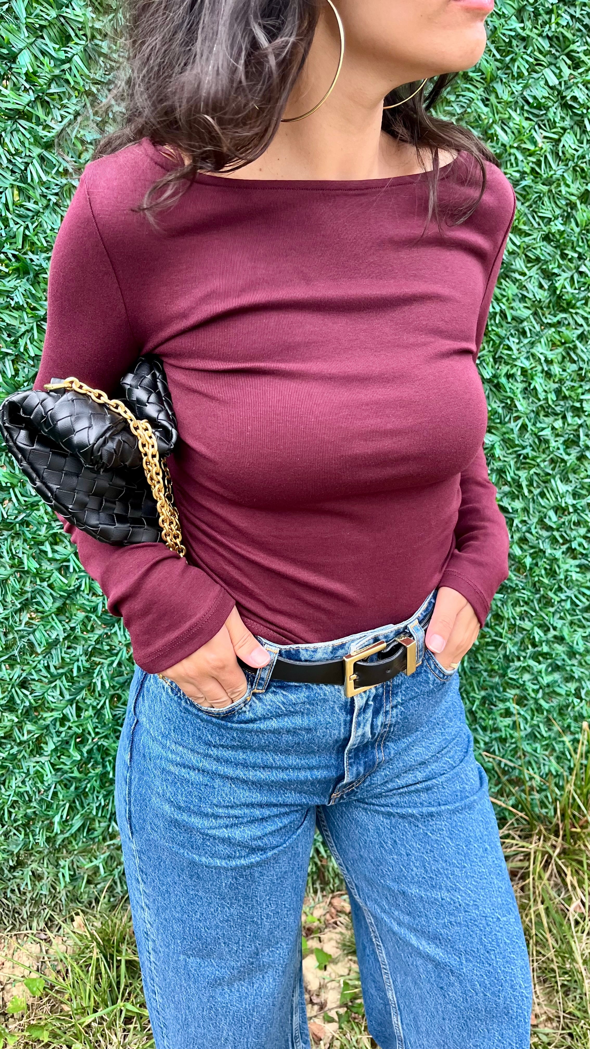 Bordo Kayık Yaka Likralı Bluz 