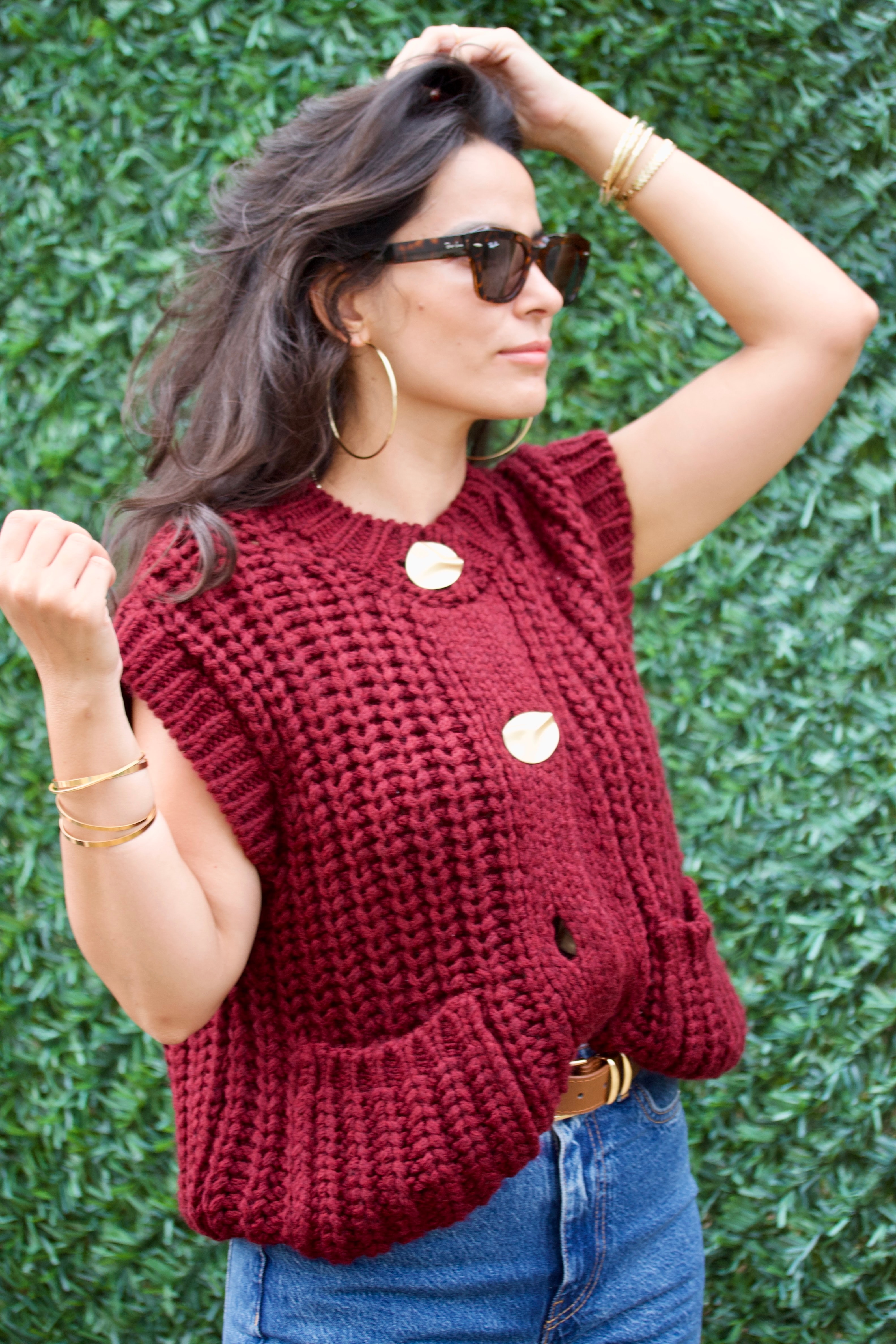 Bordo Bisiklet Yaka Yumuşak Dokulu Cepli Düğmeli Triko Yelek