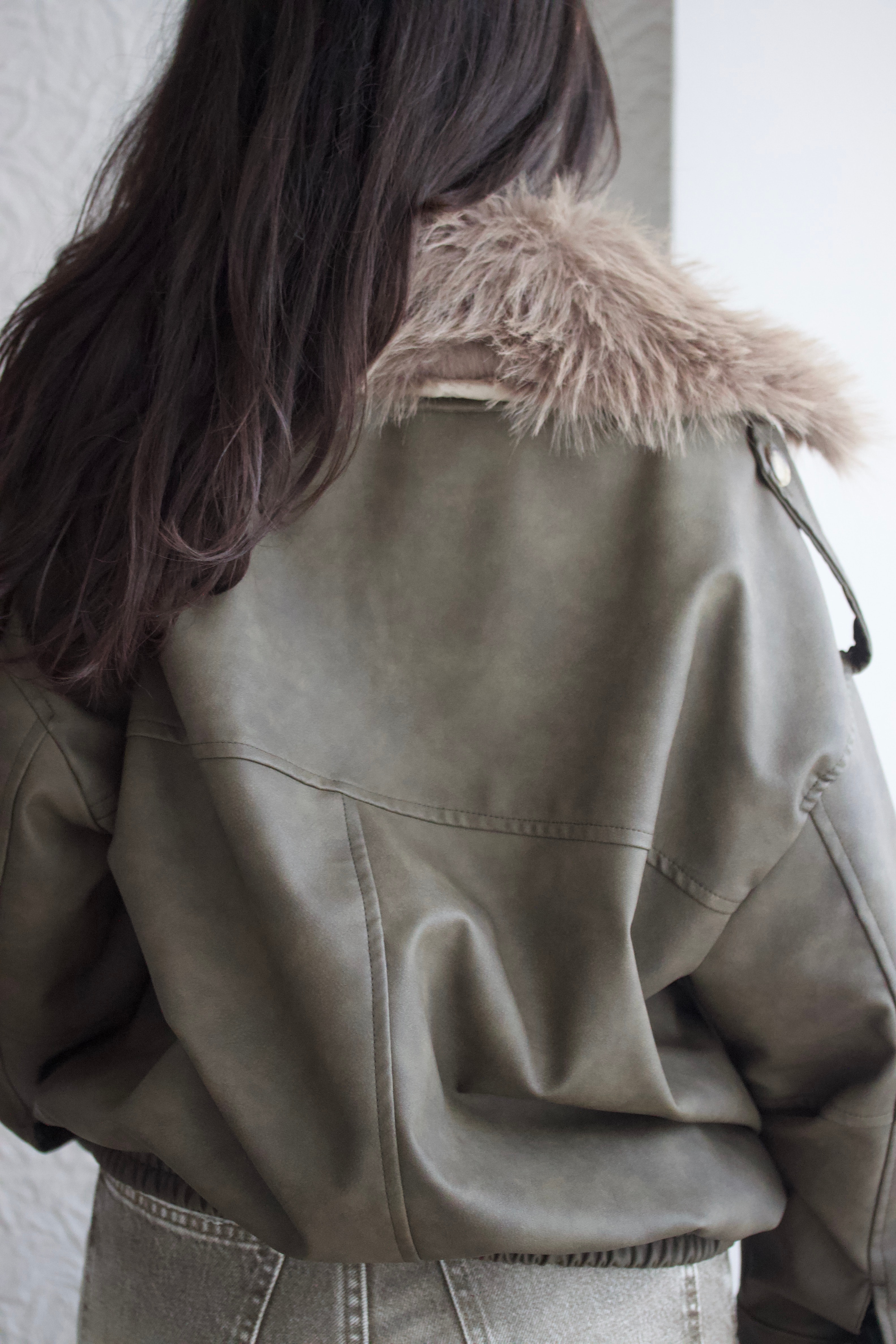 Haki Kürk Yaka Suni Deri Mont 