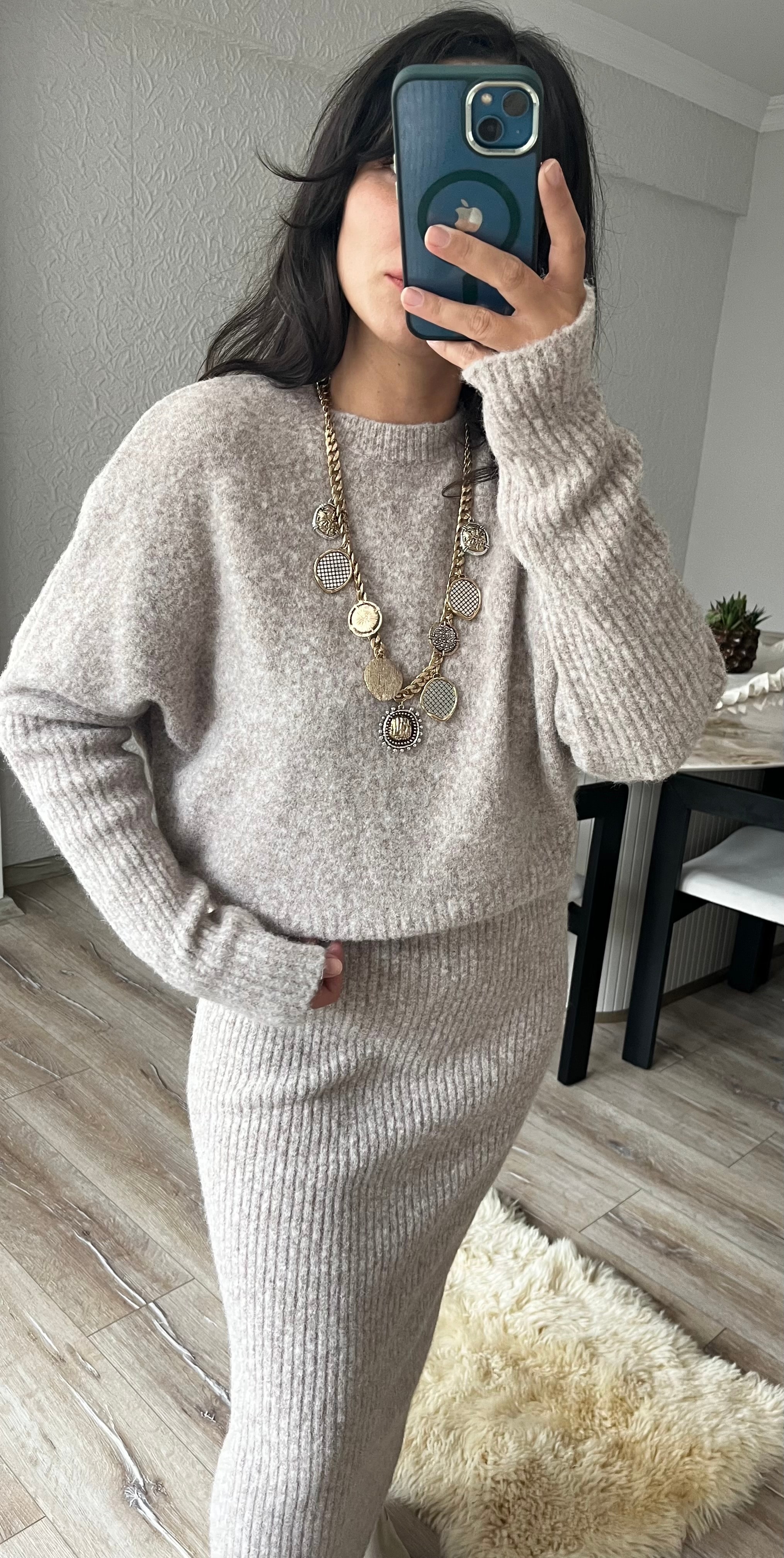 Bej Triko Midi Elbise 