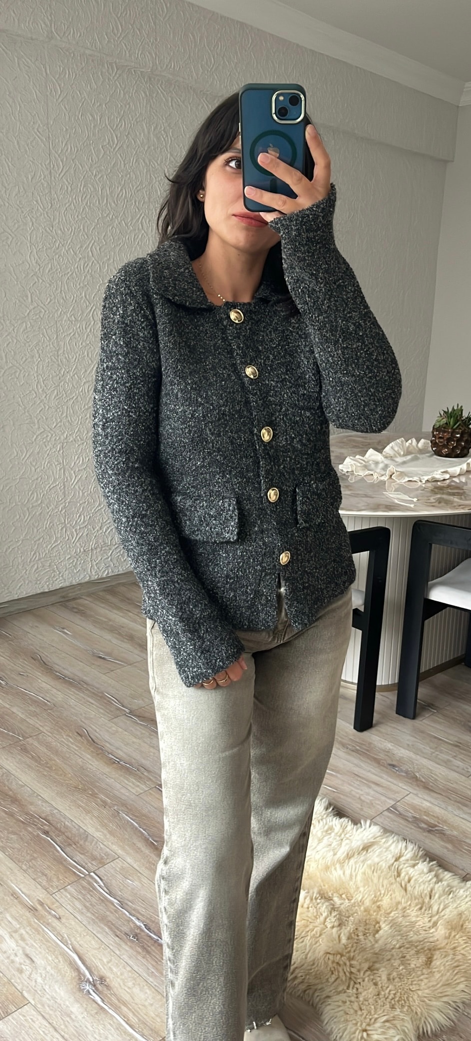 Siyah Polo Yaka Düğmeli Cep Detaylı Triko Hırka 