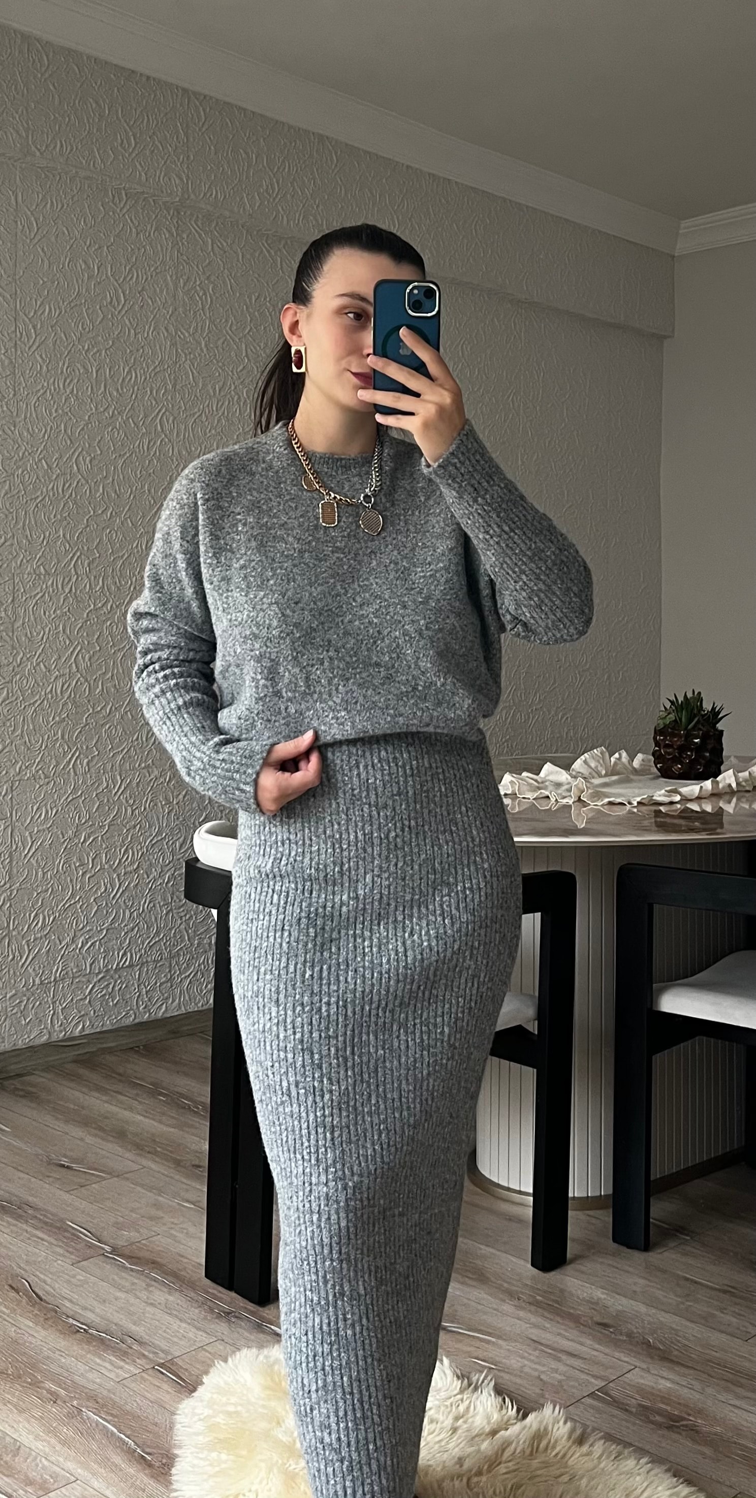 Gri Triko Midi Elbise 