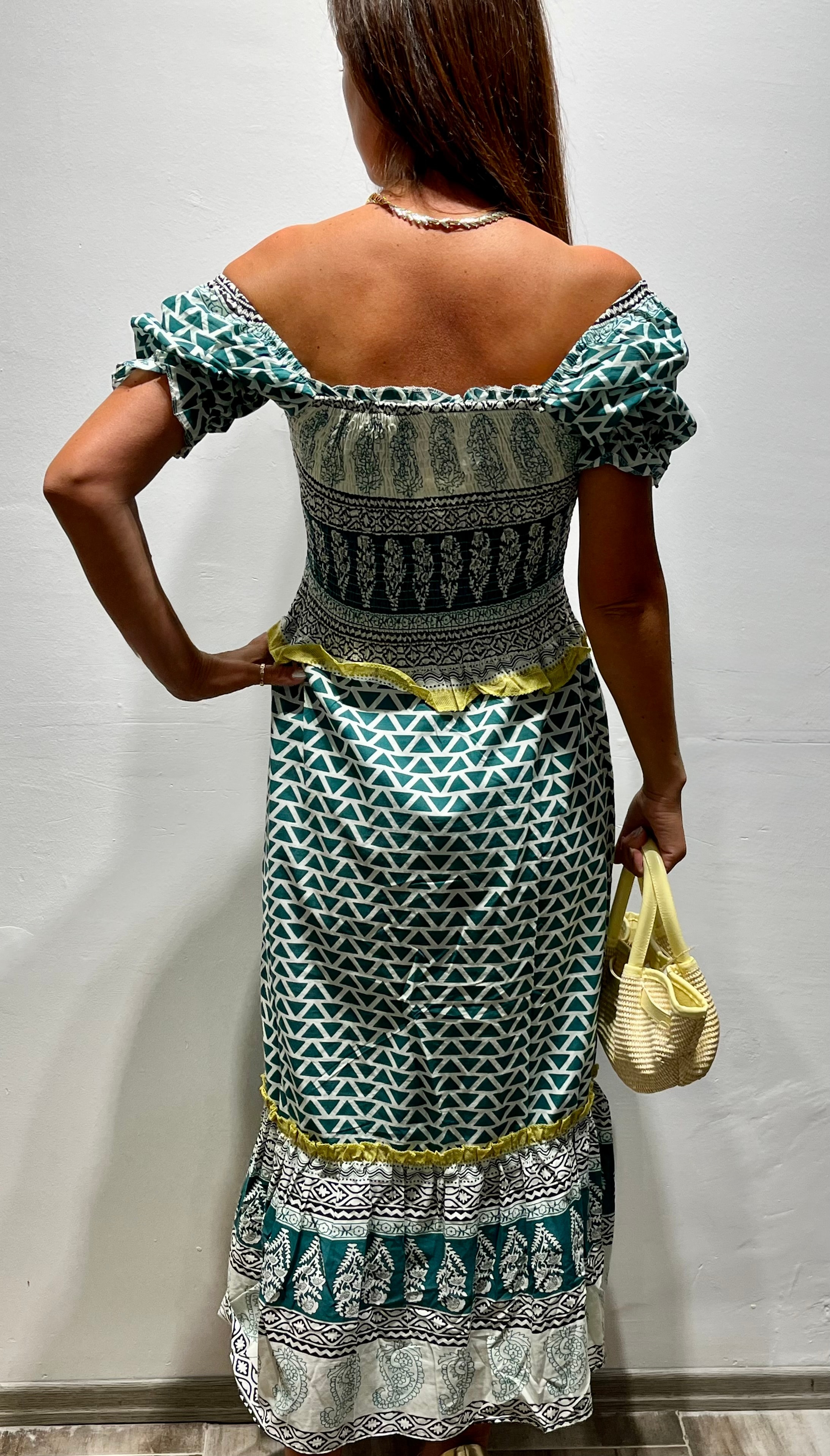 Yeşil Etnik Madonna Yaka Elbise 