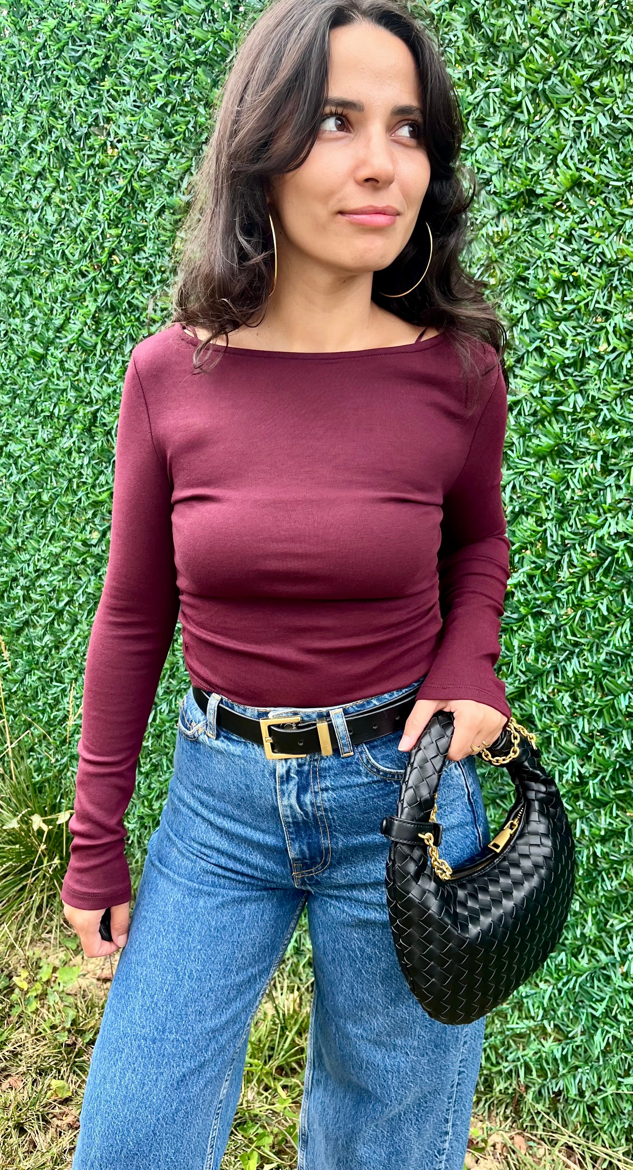 Bordo Kayık Yaka Likralı Bluz 