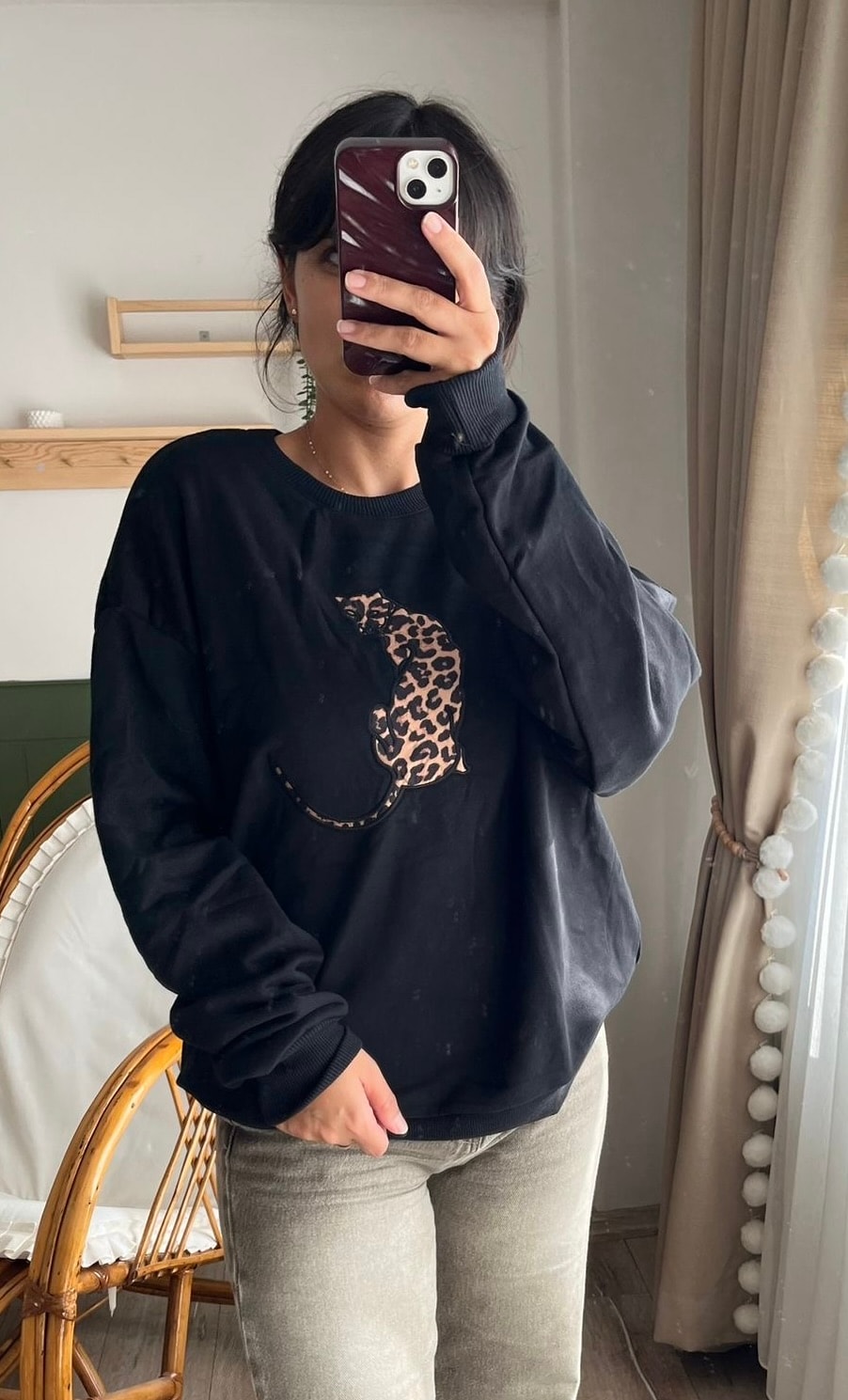 Siyah Kaplan Desen Sweatshirt