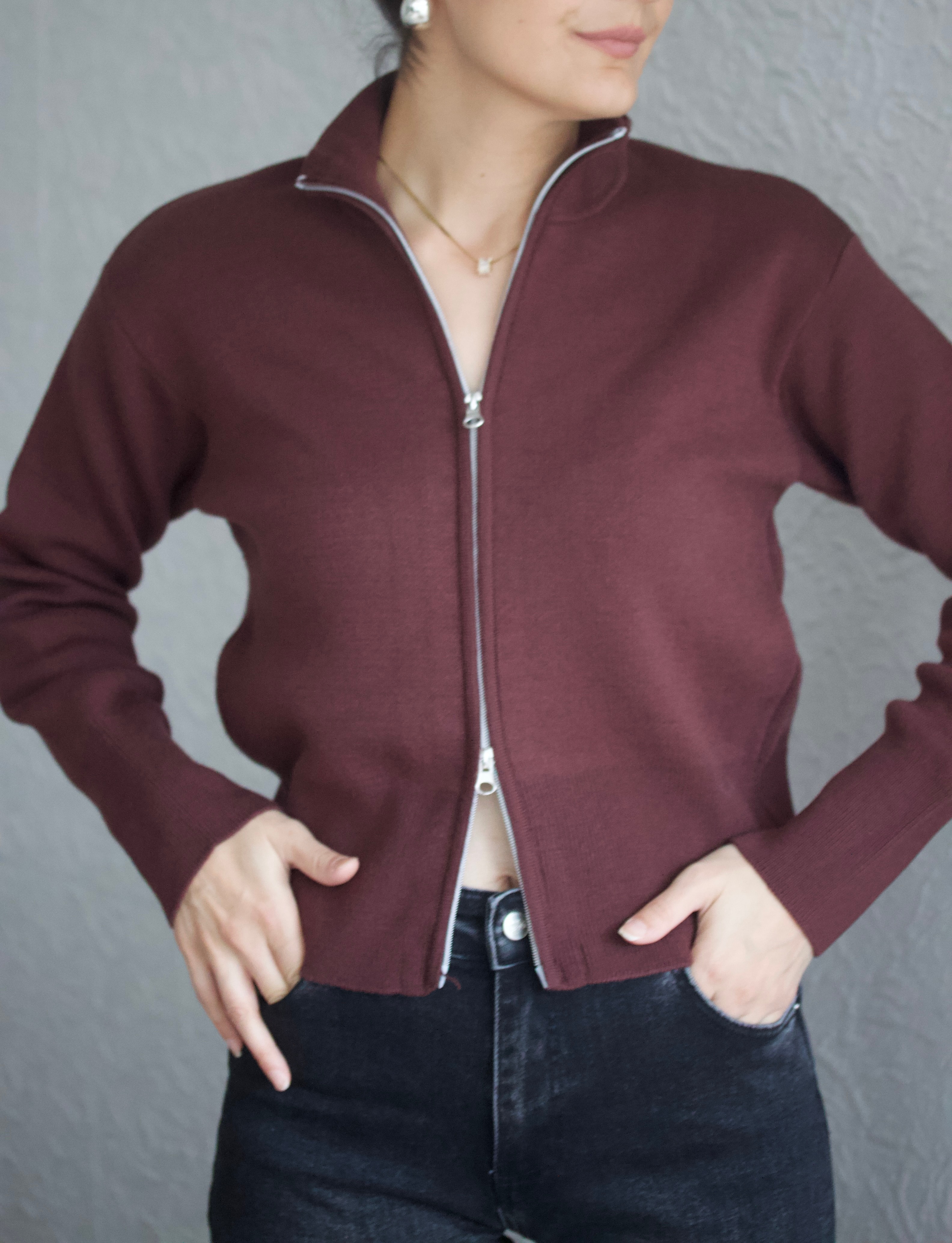 Mürdüm Çift Fermuarlı Hırka 