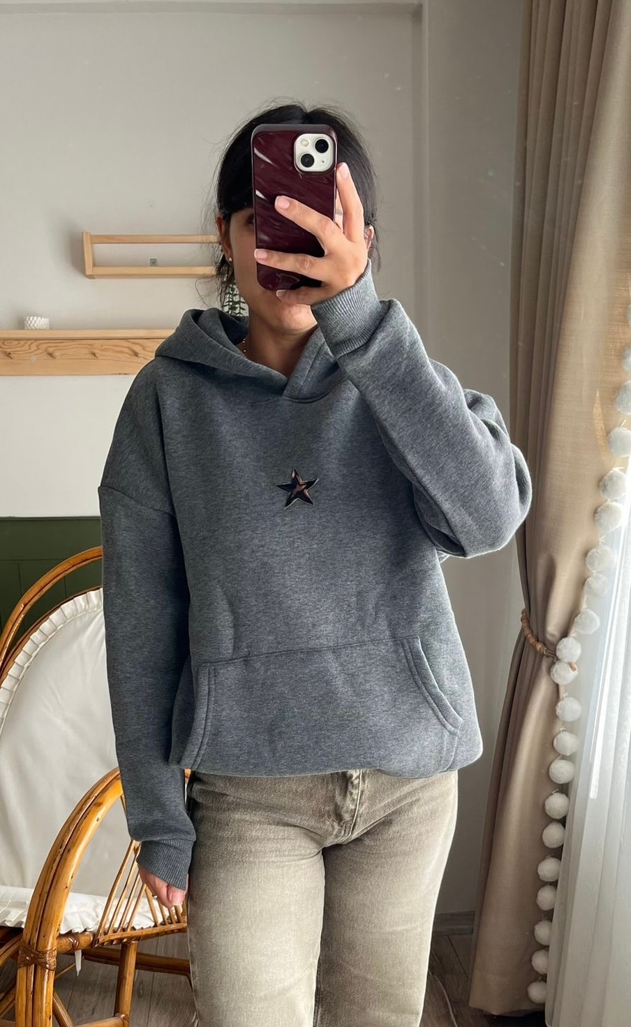 Füme Yıldız Desenli Kapüşonlu Sweatshirt