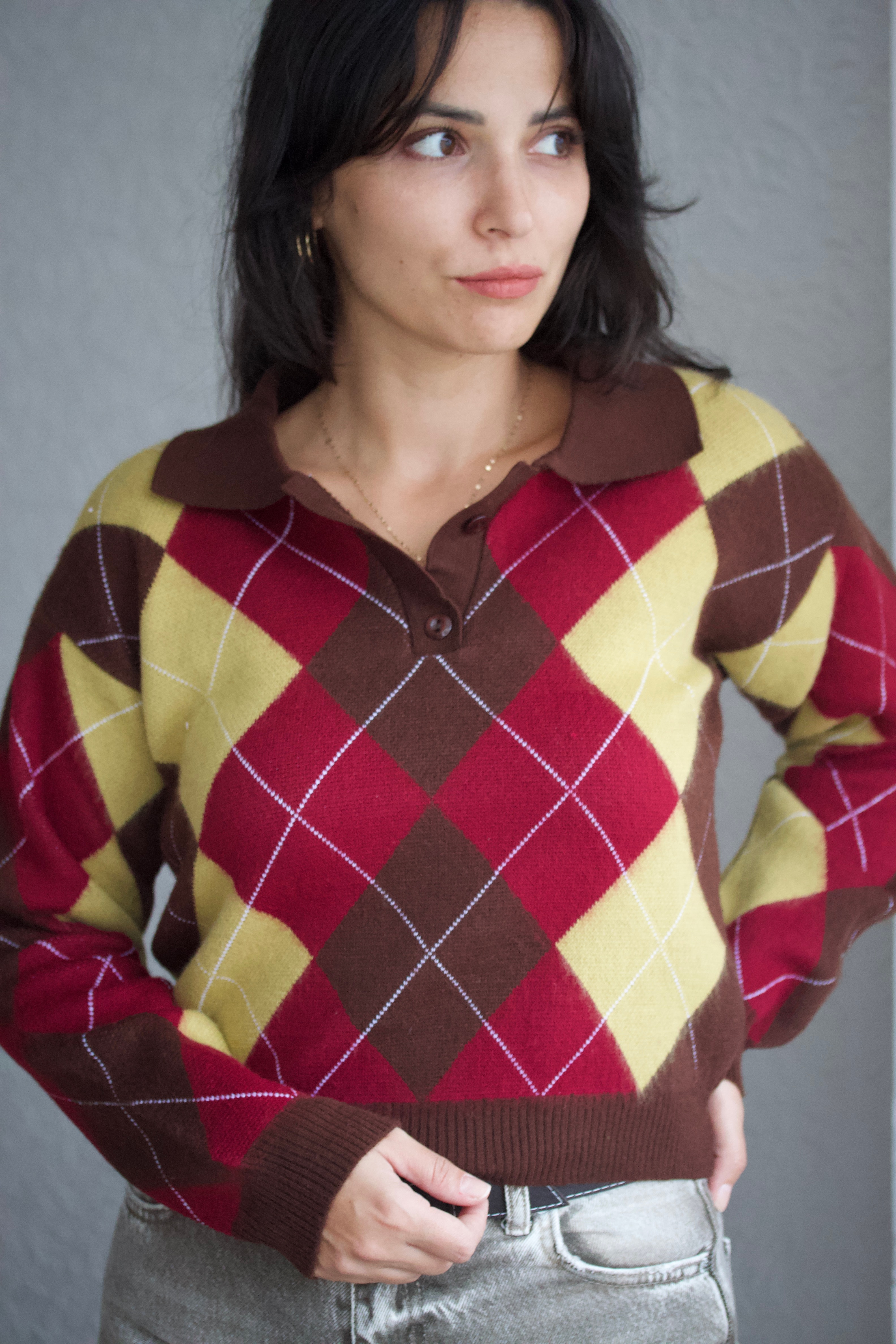 Polo Yaka Baklava Desenli Kazak