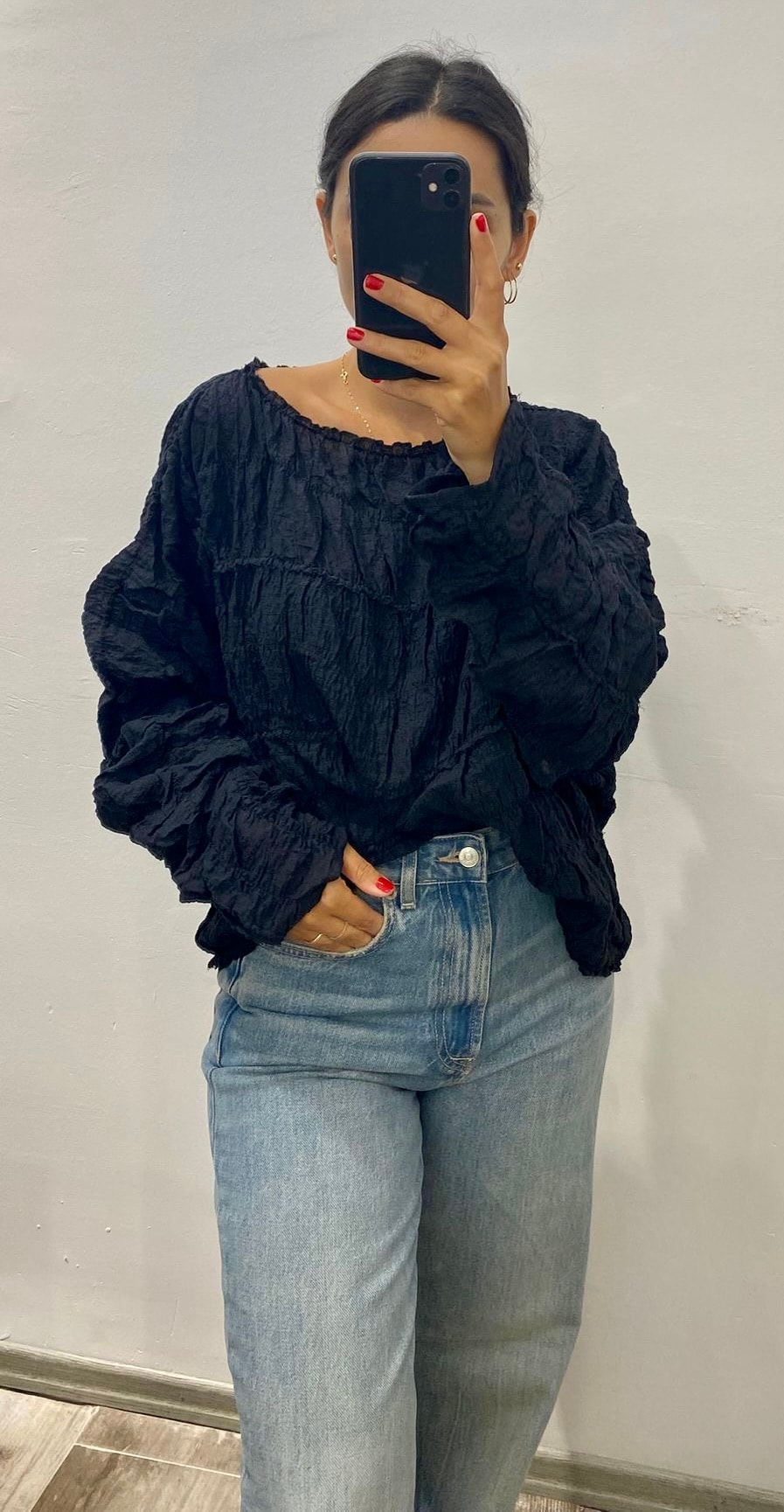 Siyah Gofre Dikişli Bluz  