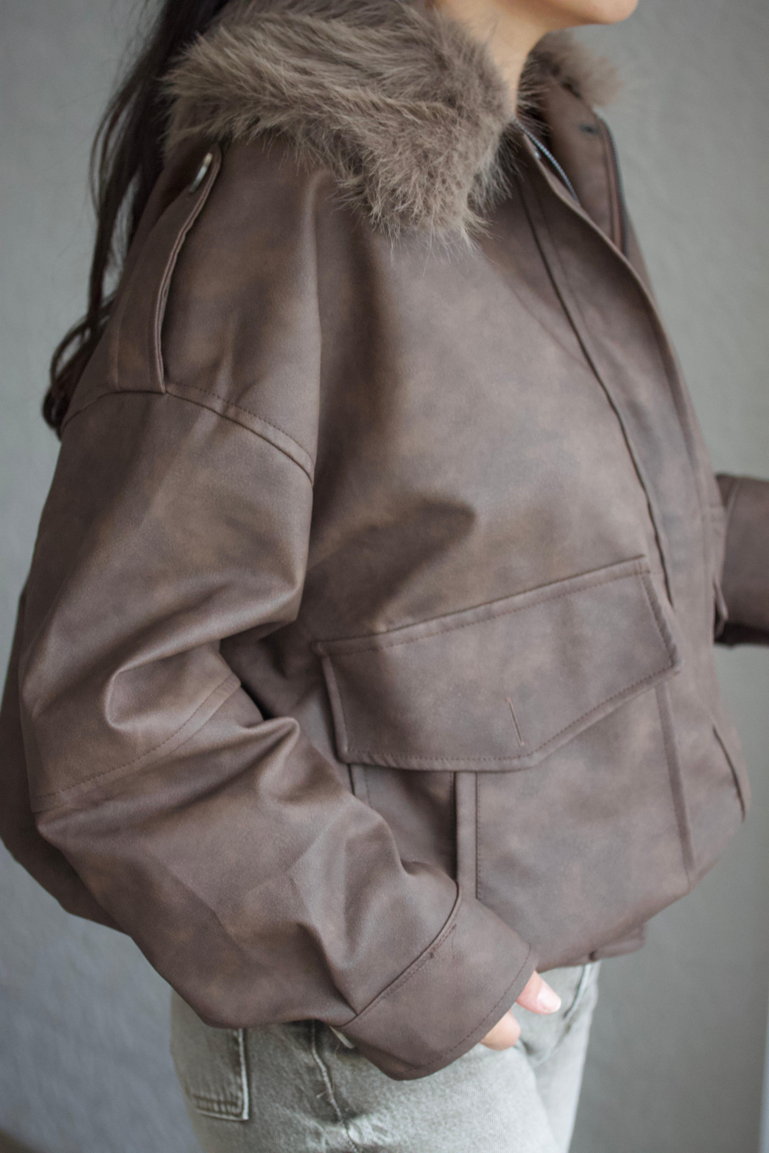 Kahverengi Kürk Yaka Suni Deri Mont 