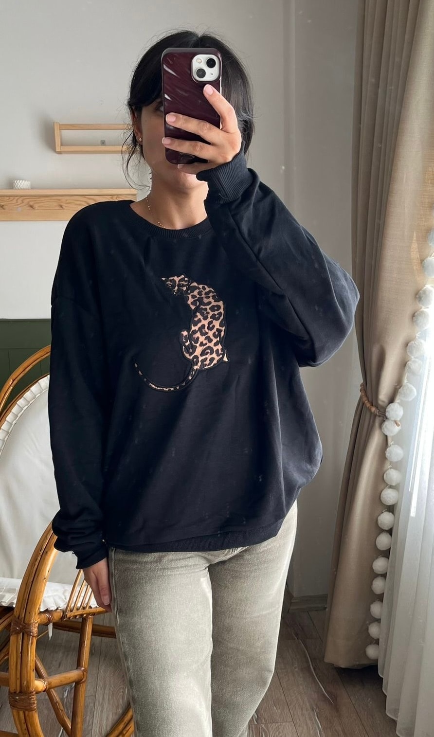 Siyah Kaplan Desen Sweatshirt