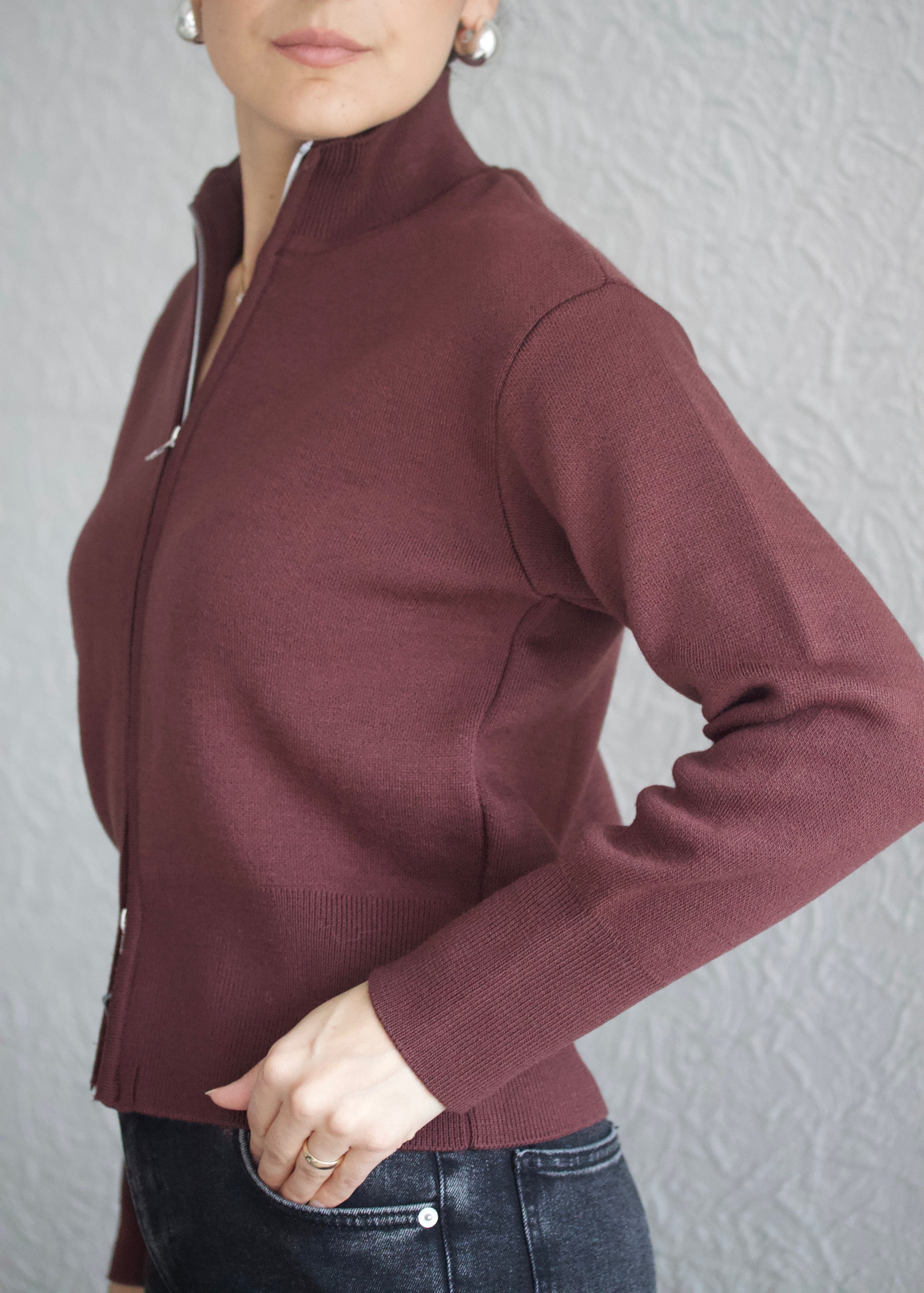 Mürdüm Çift Fermuarlı Hırka 