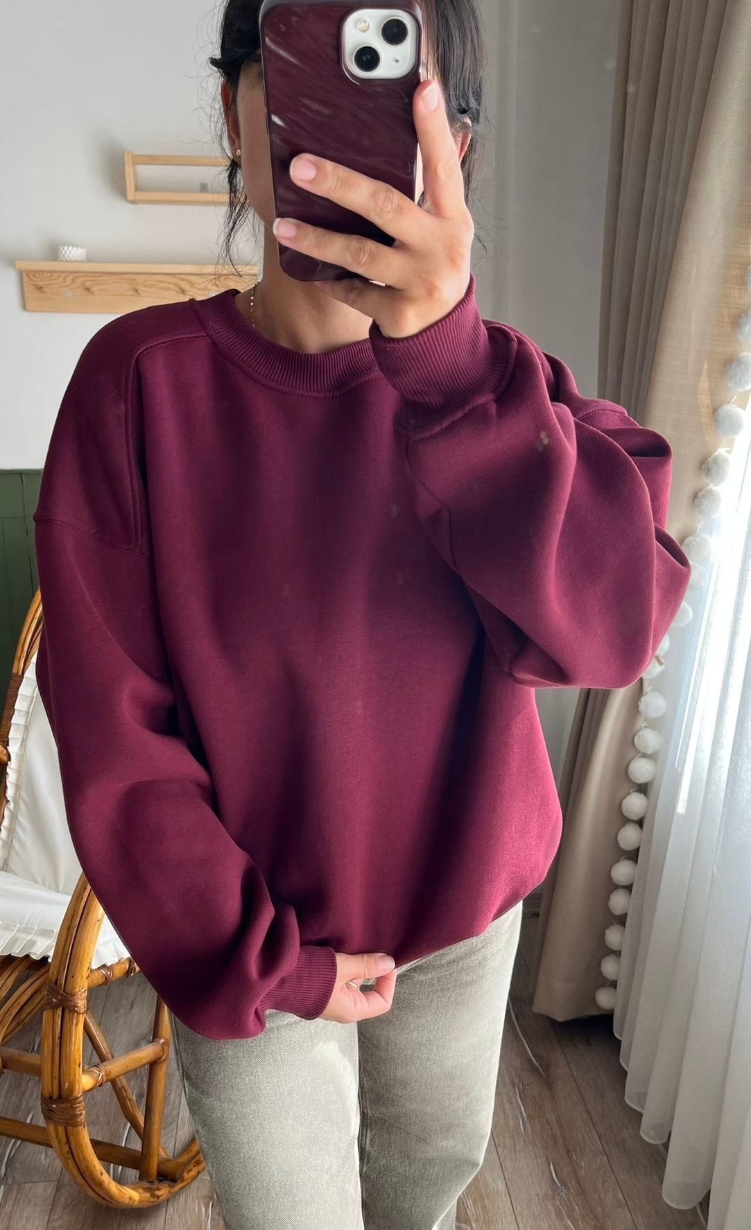 Bordo Oversize Şardonlu Sweatshirt