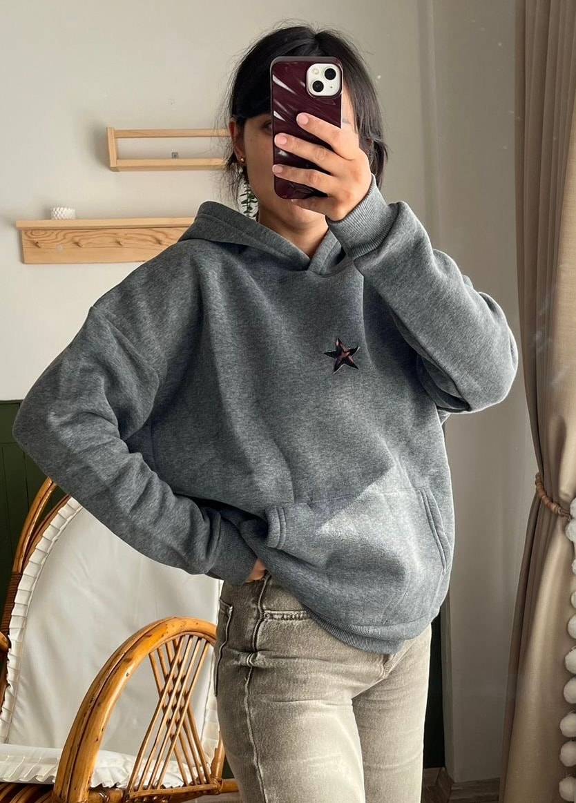 Füme Yıldız Desenli Kapüşonlu Sweatshirt