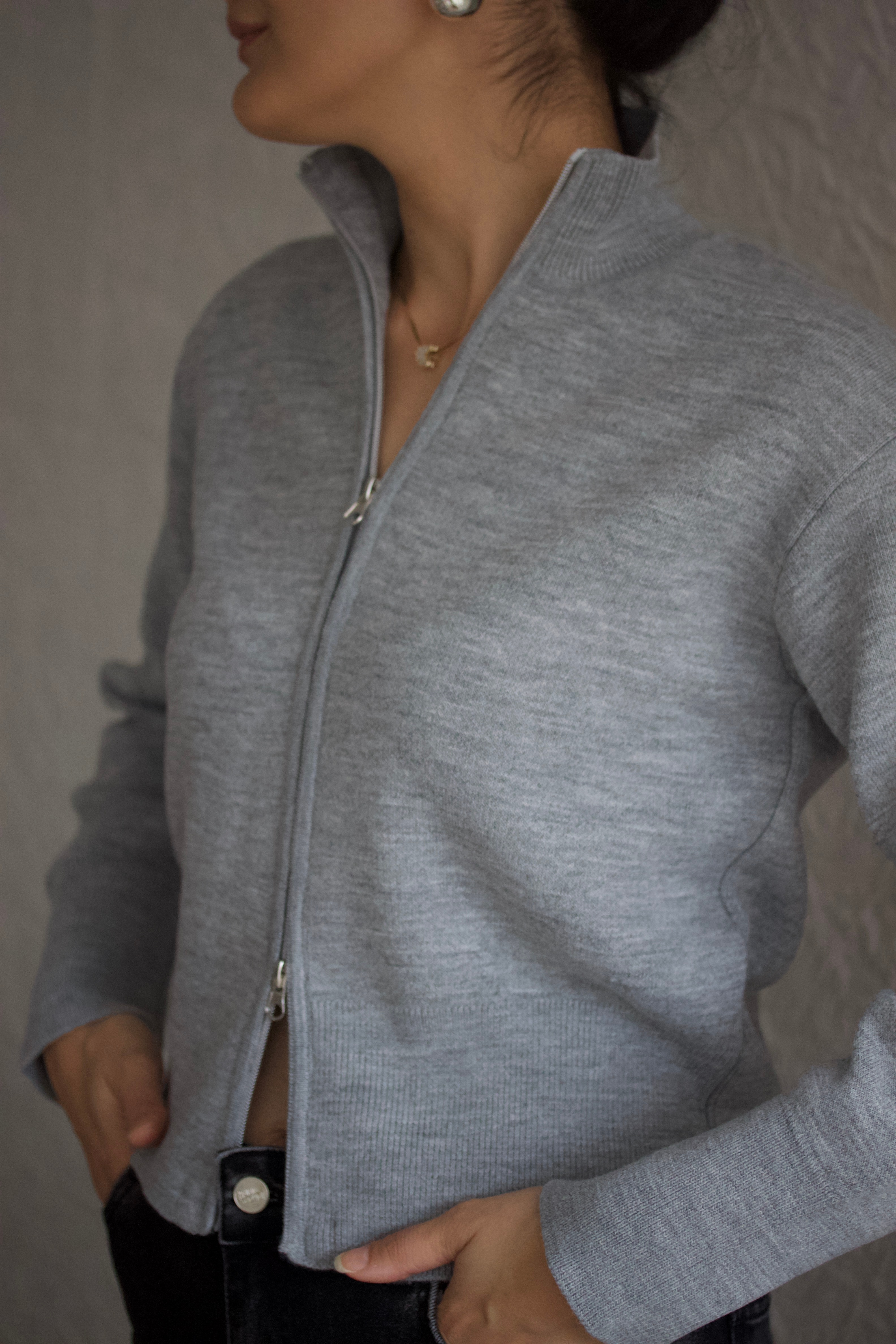 Gri Çift Fermuarlı Hırka 