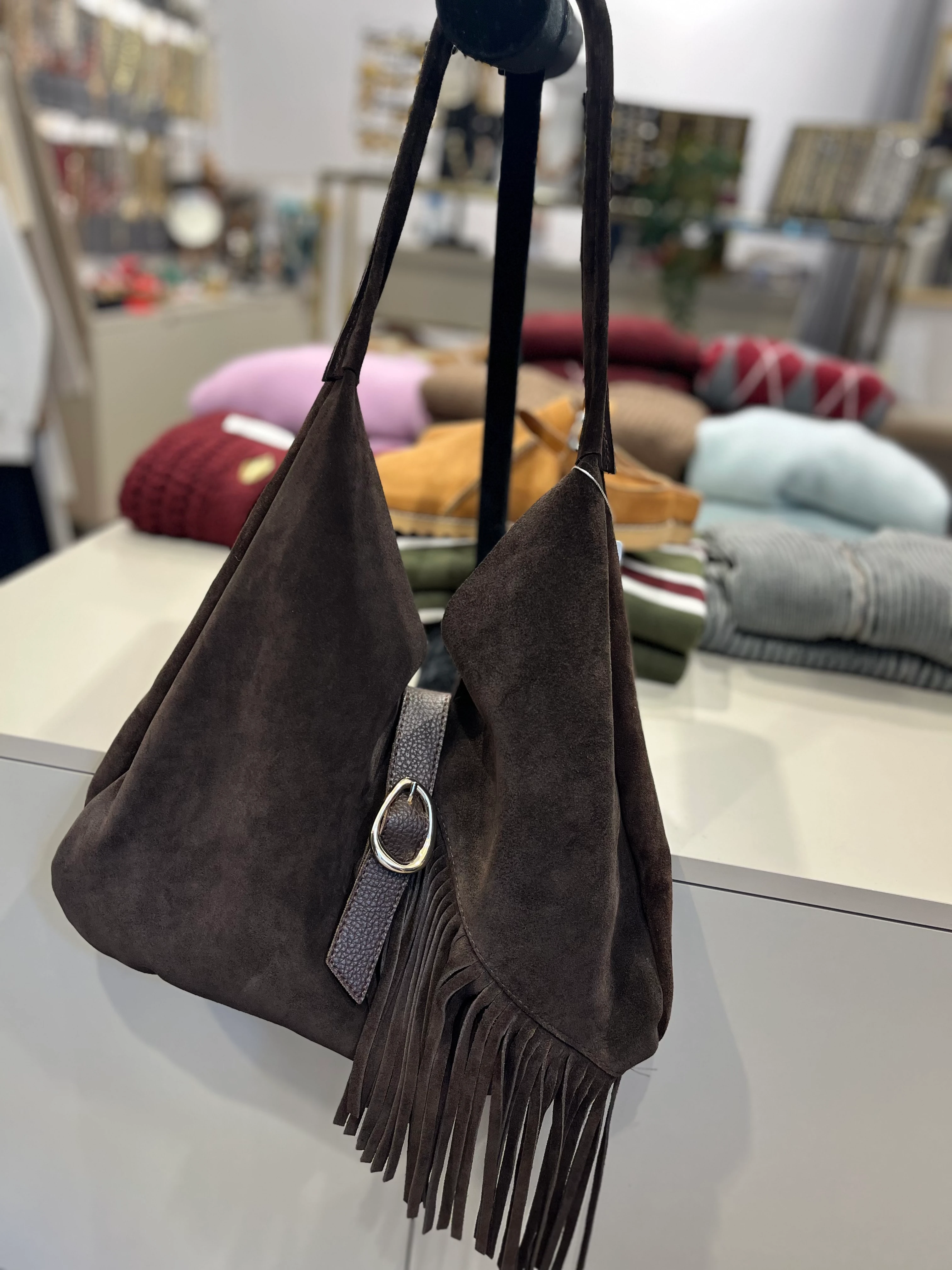 Hakiki Süet Deri Acı Kahve Püsküllü Çanta 