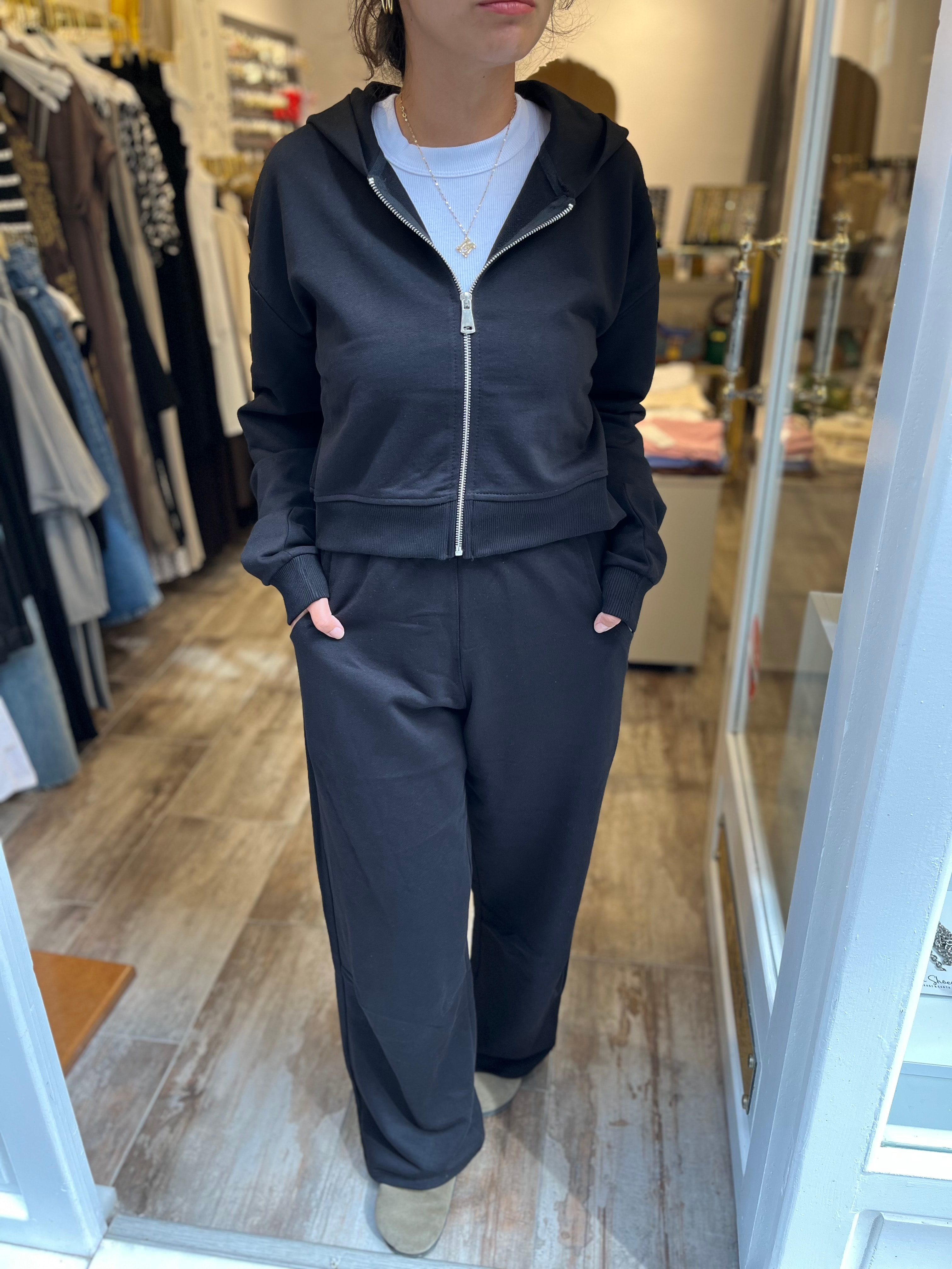 Siyah Fermuarlı Palazzo Eşofman Takım