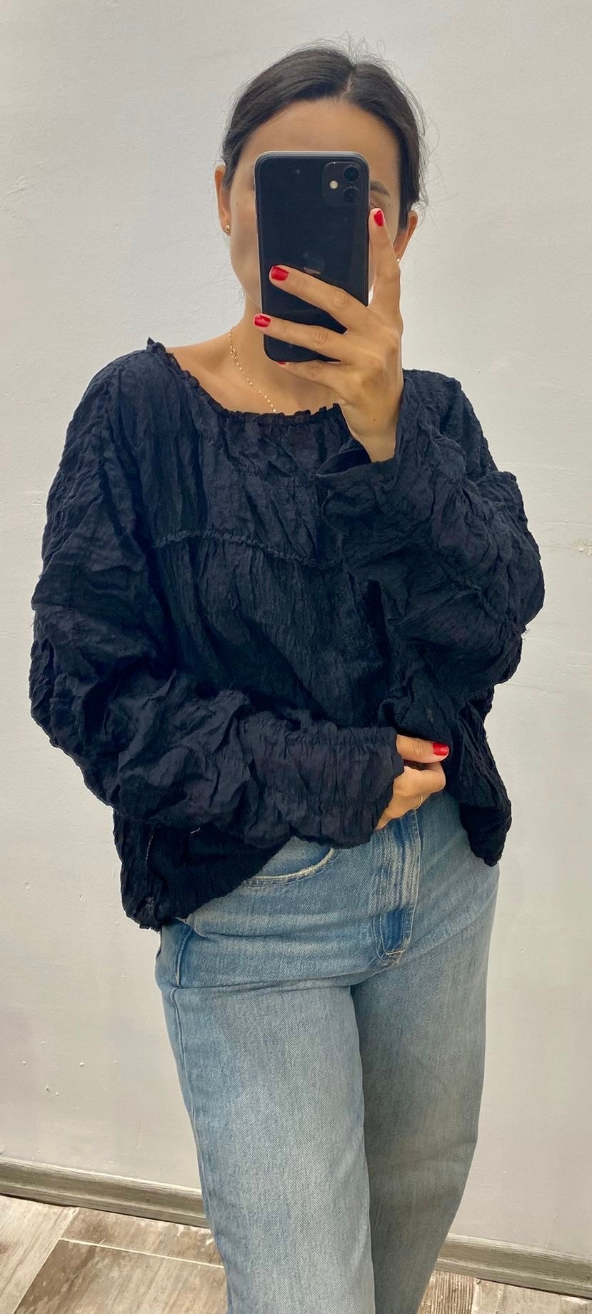 Siyah Gofre Dikişli Bluz  