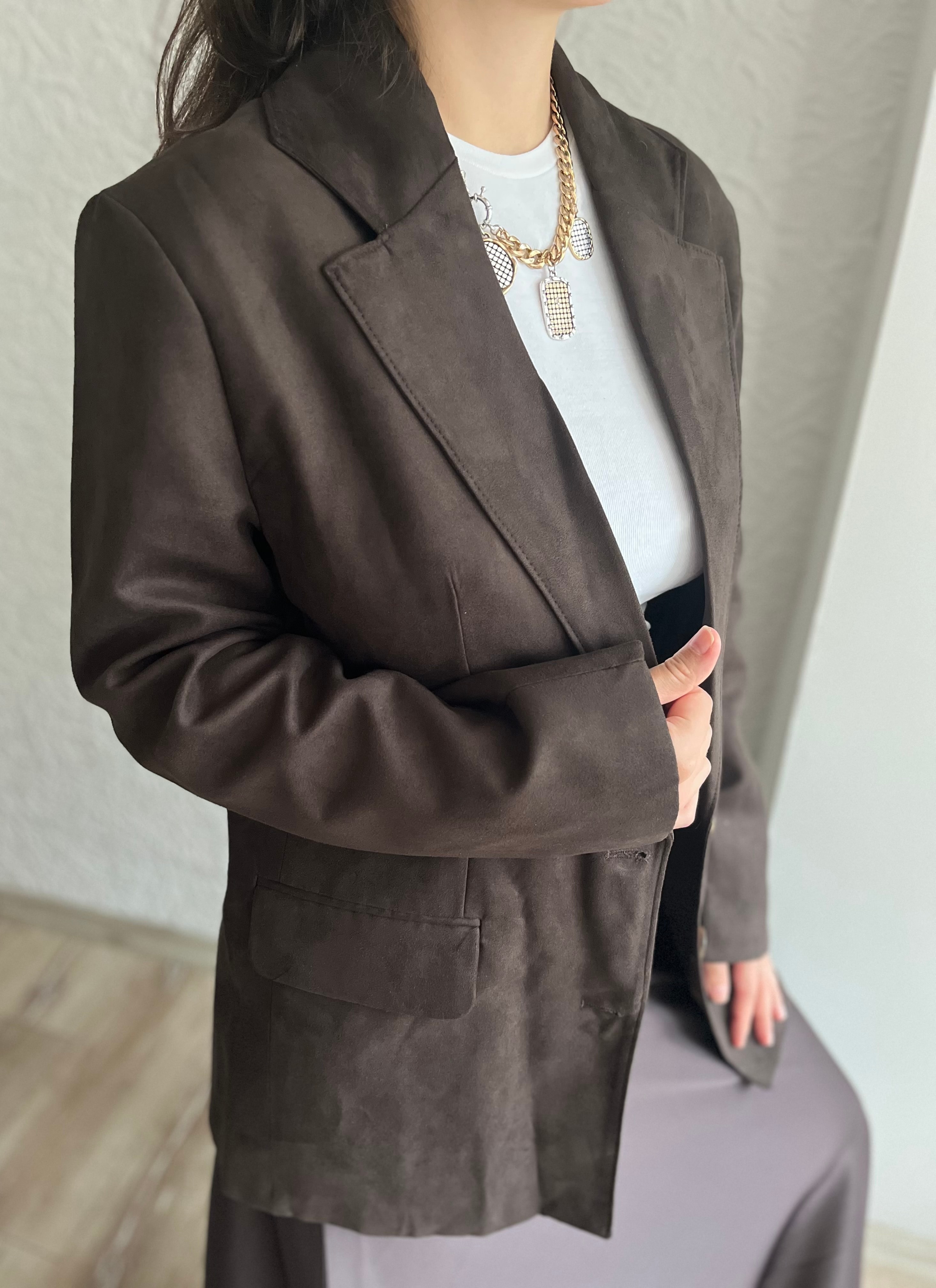 Kahve Süet Düğmeli Astarlı Ceket 