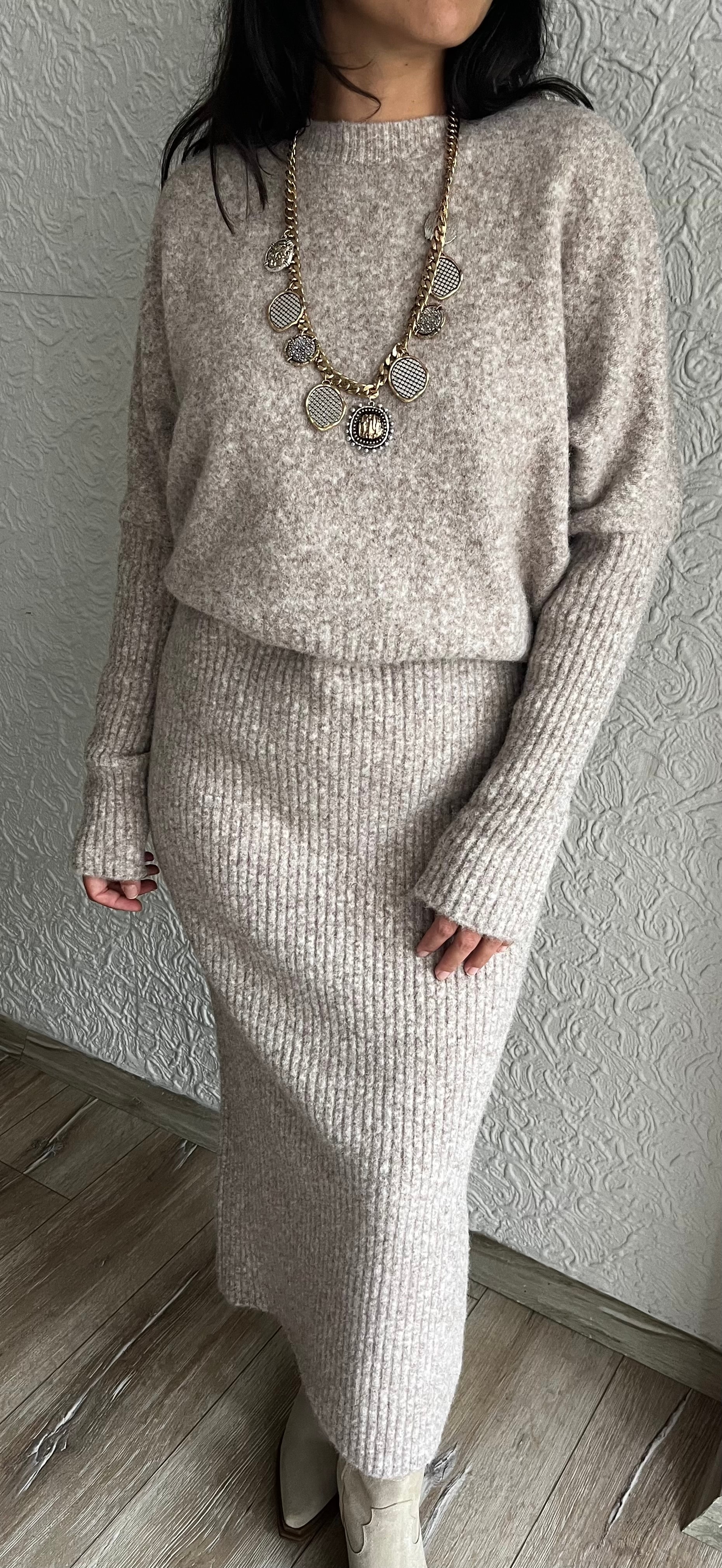 Bej Triko Midi Elbise 