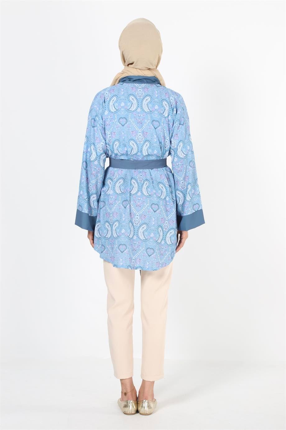 2121_Desenli Beli Kuşaklı Kimono