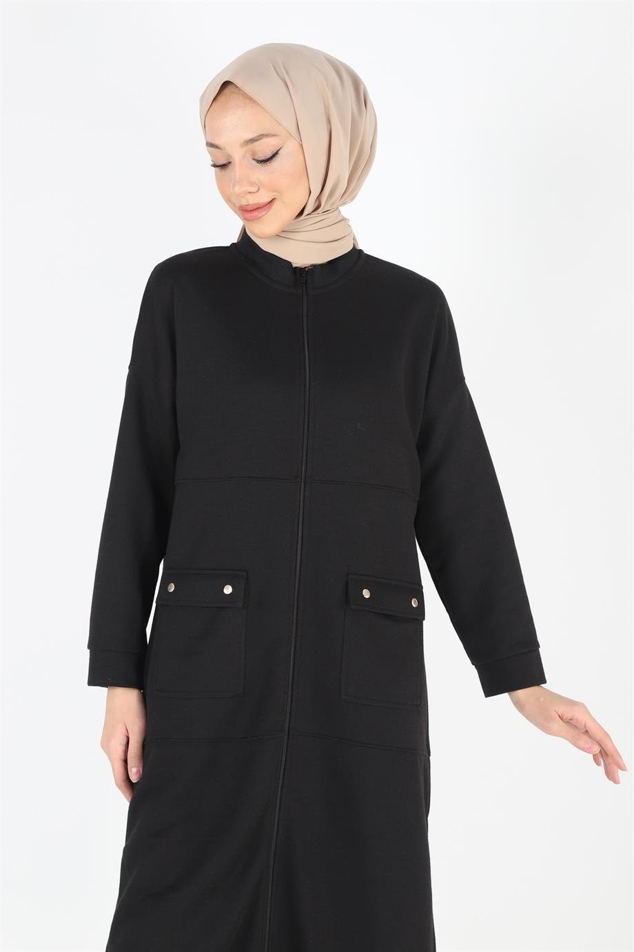 2081_Fermuarlı Yırtmaçlı Oversize Tesettür Kap