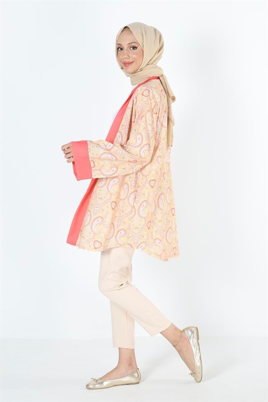 2121_Desenli Beli Kuşaklı Kimono