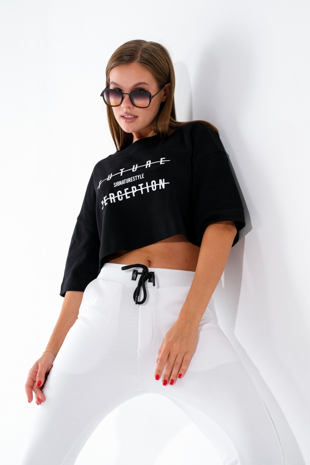 724106_Kadın Oversize Geniş Kalıp Baskılı Crop Boy Kısa Kollu Sportif Tshirt