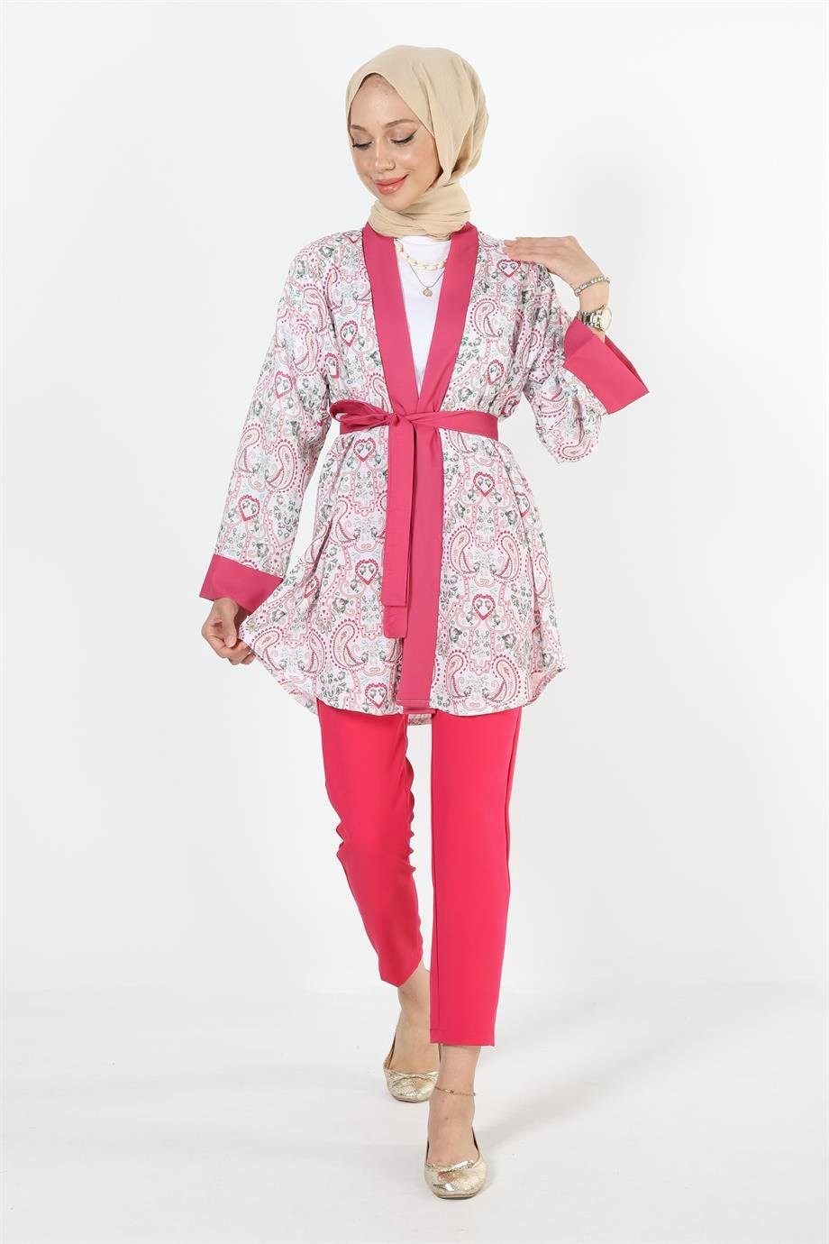 2121_Desenli Beli Kuşaklı Kimono