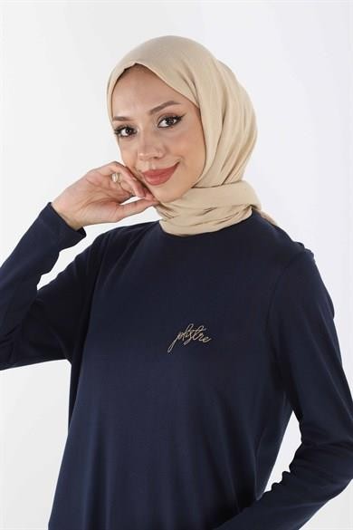 1451_Nakışlı Basic Tesettür Tunik lacivert