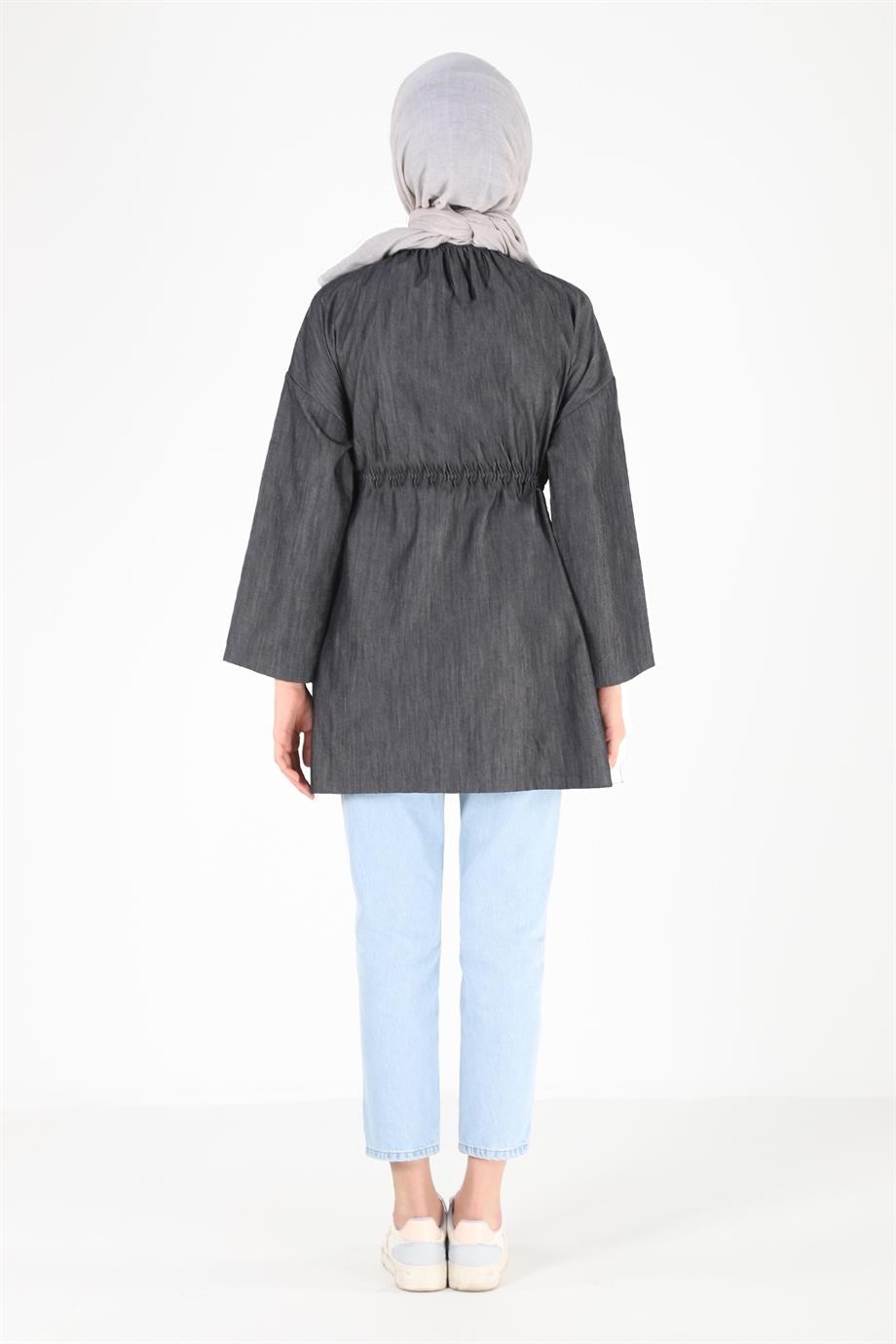 2075_Fermuarlı Oversize Kot Tesettür Ceket