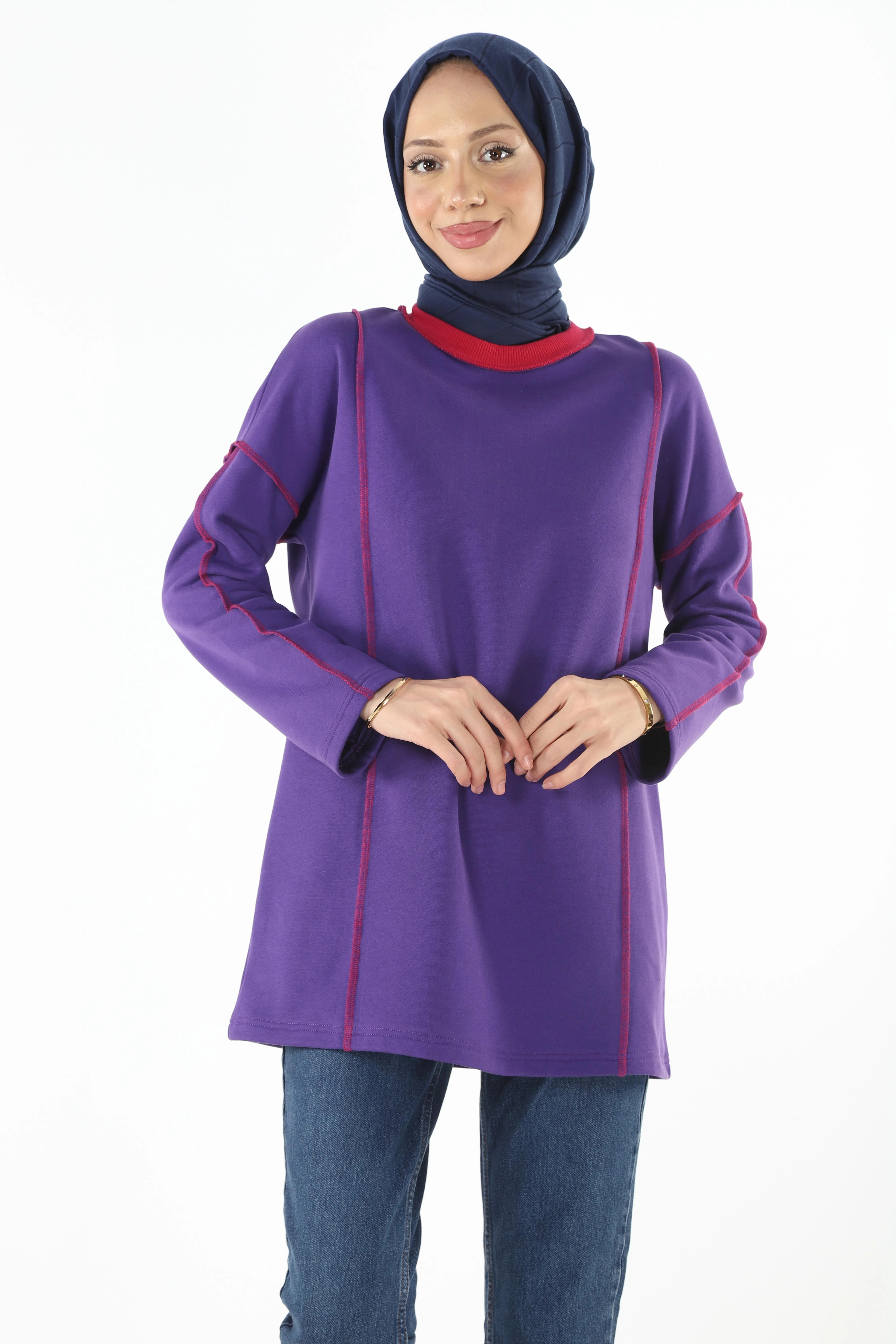 2229_Şardonlu Karyoka Dikişli Basic Tesettür Sweatshirt