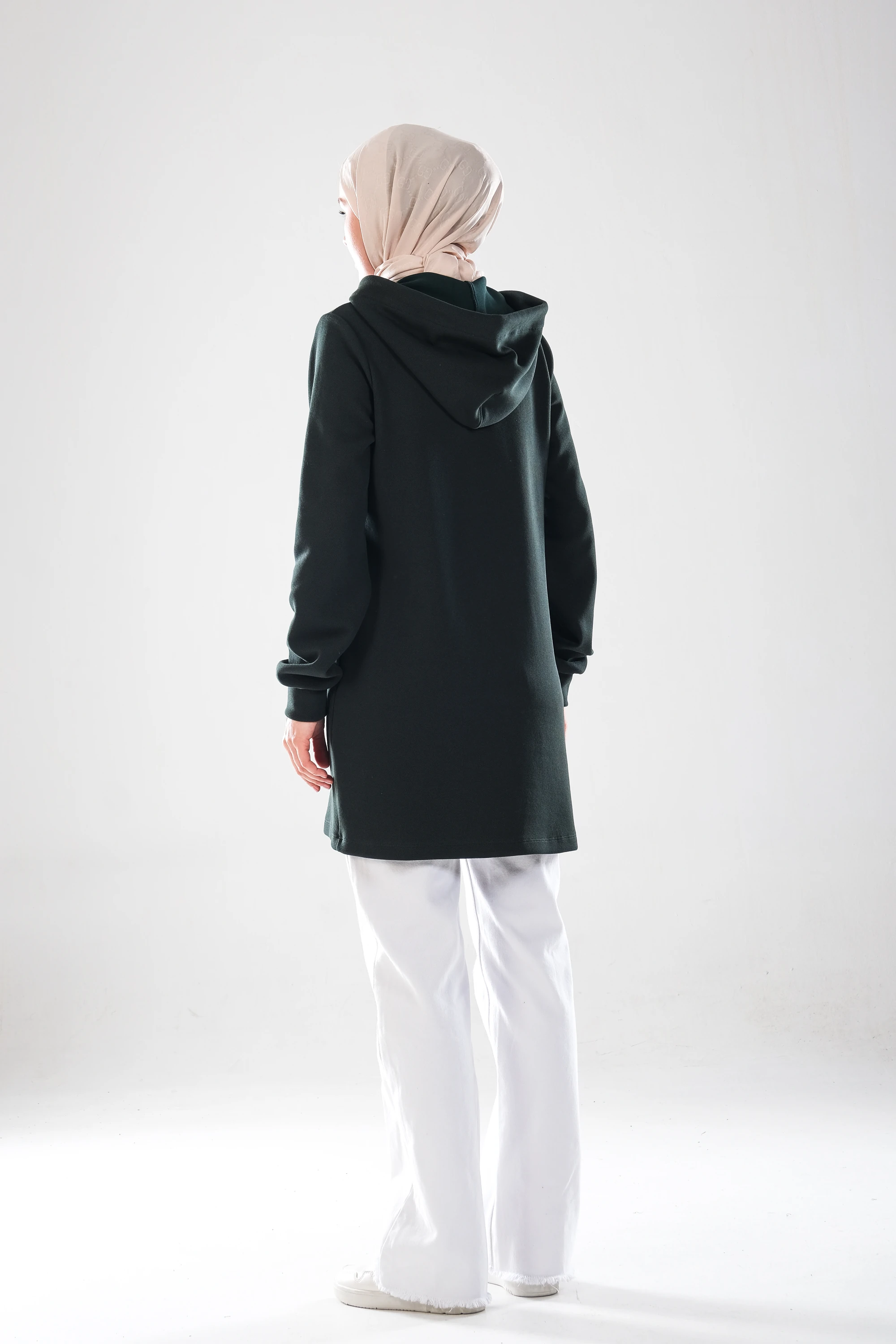 2298_Kadın Kapüşonlu Ara Biye Detaylı Pamuklu Esnek Uzun Kollu Uzun Sweat – Pike Tesettür Spor Tunik