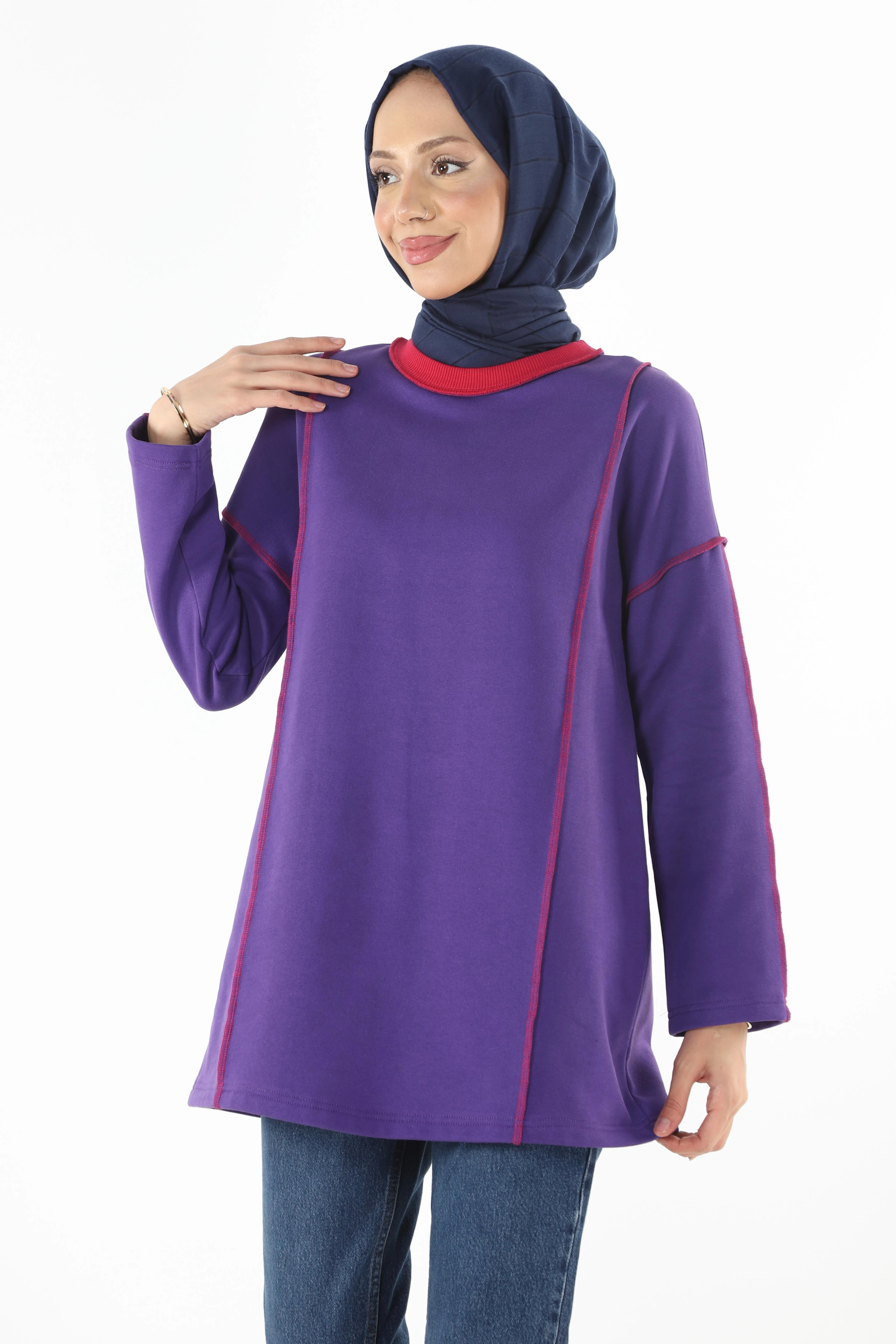 2229_Şardonlu Karyoka Dikişli Basic Tesettür Sweatshirt