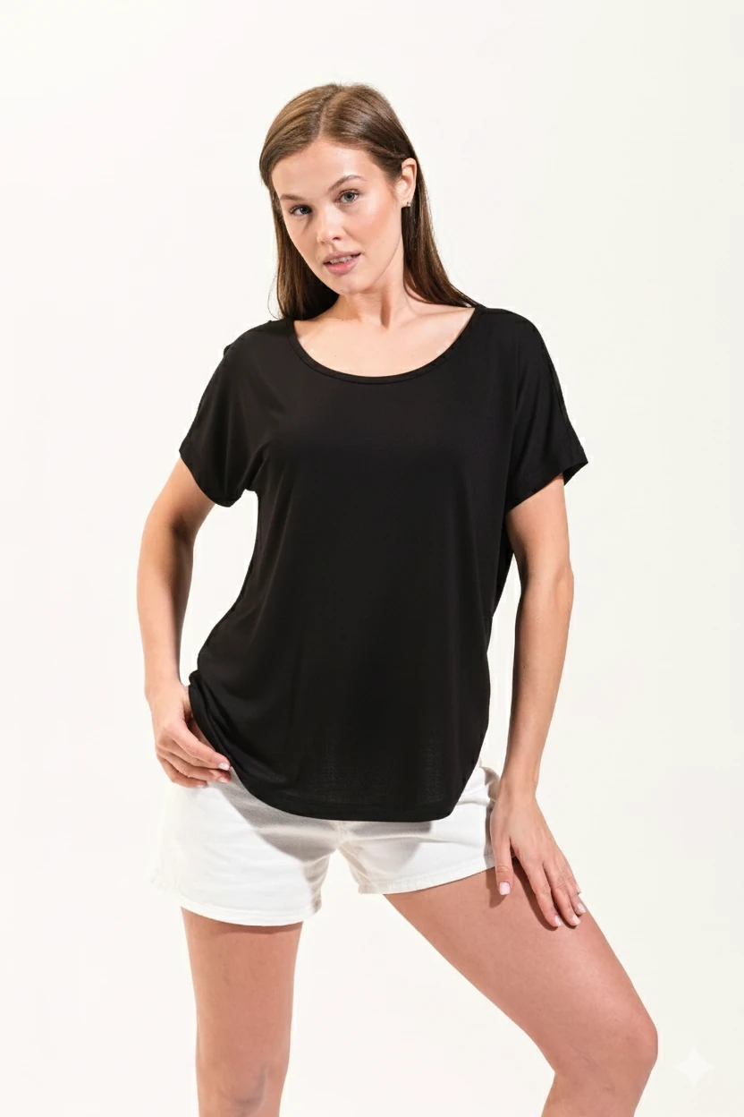 725107_Kadın Düşük Kollu Yuvarlak Yakalı Tshirt