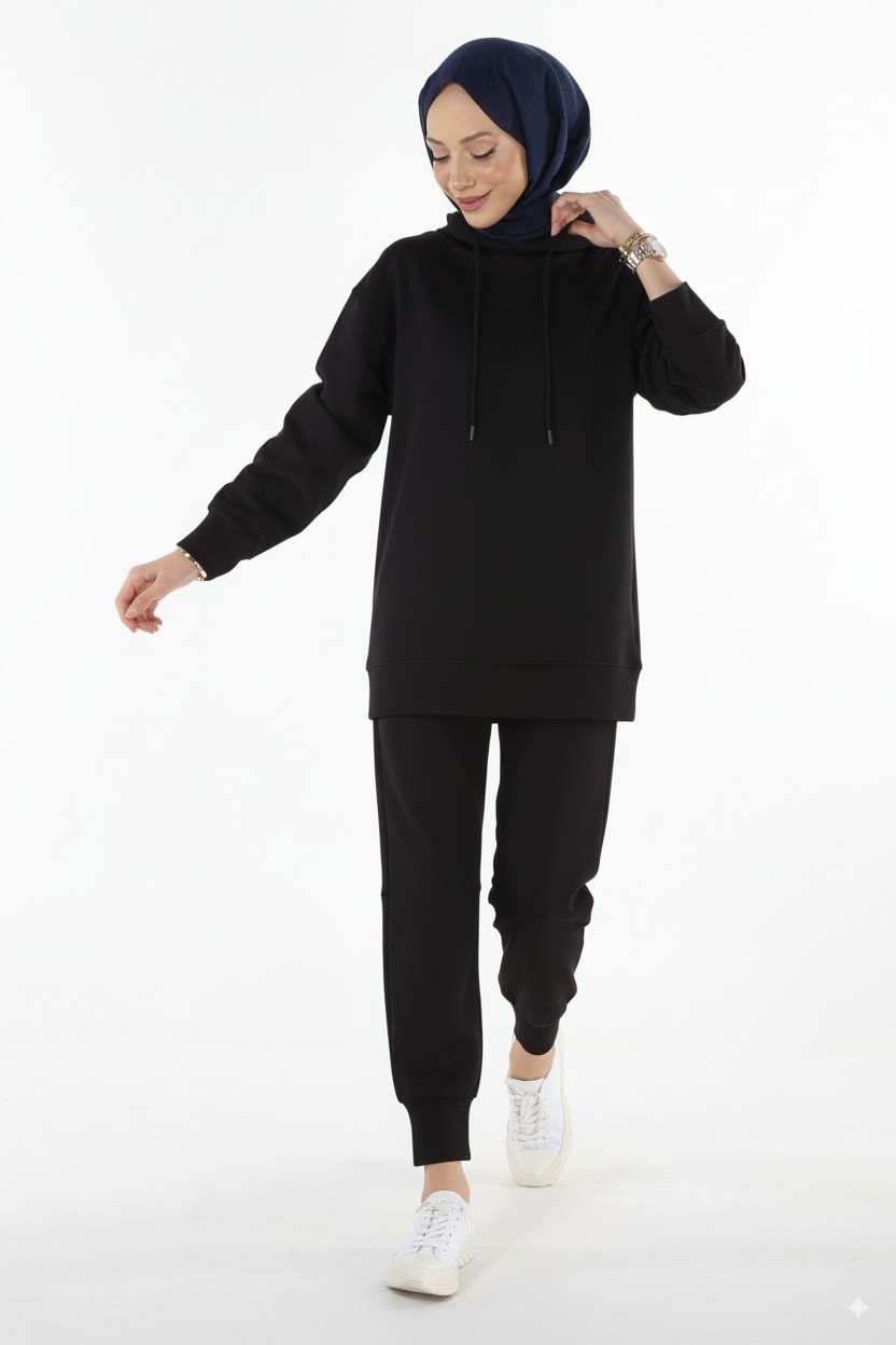 2227_Tesettür Kapüşonlu Sweatshirt & Pantolon Eşofman Takımı