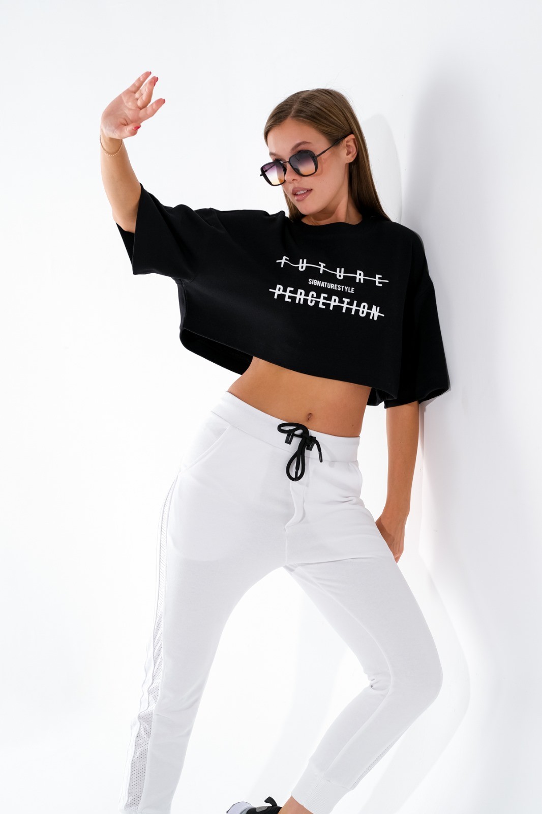724106_Kadın Oversize Geniş Kalıp Baskılı Crop Boy Kısa Kollu Sportif Tshirt