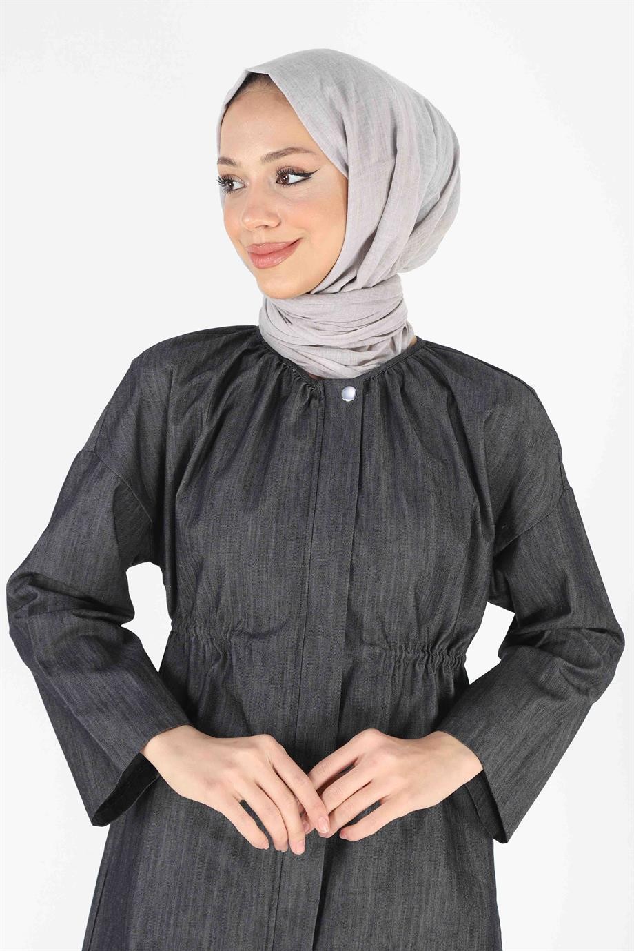 2075_Fermuarlı Oversize Kot Tesettür Ceket