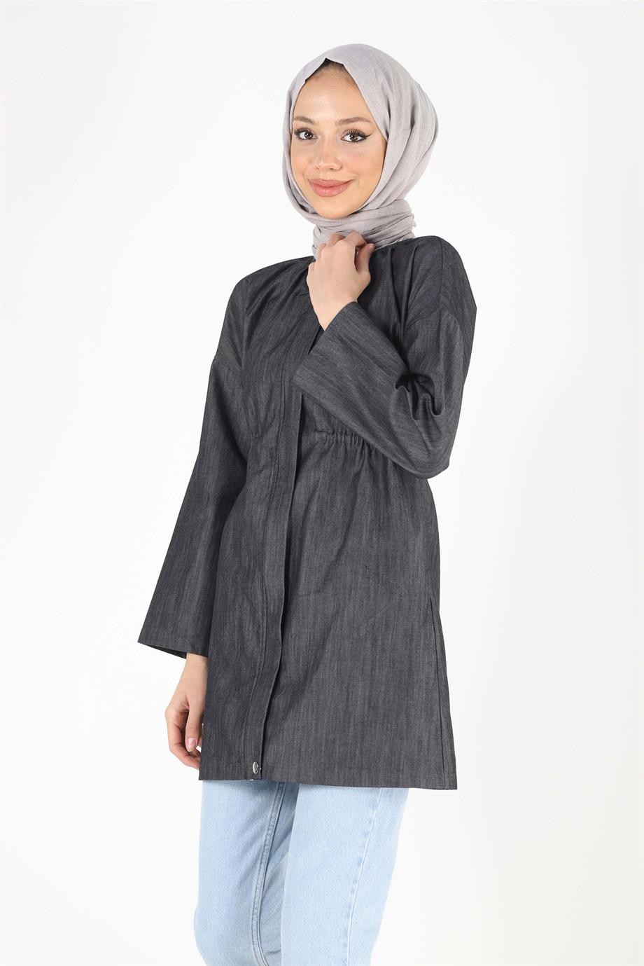 2075_Fermuarlı Oversize Kot Tesettür Ceket