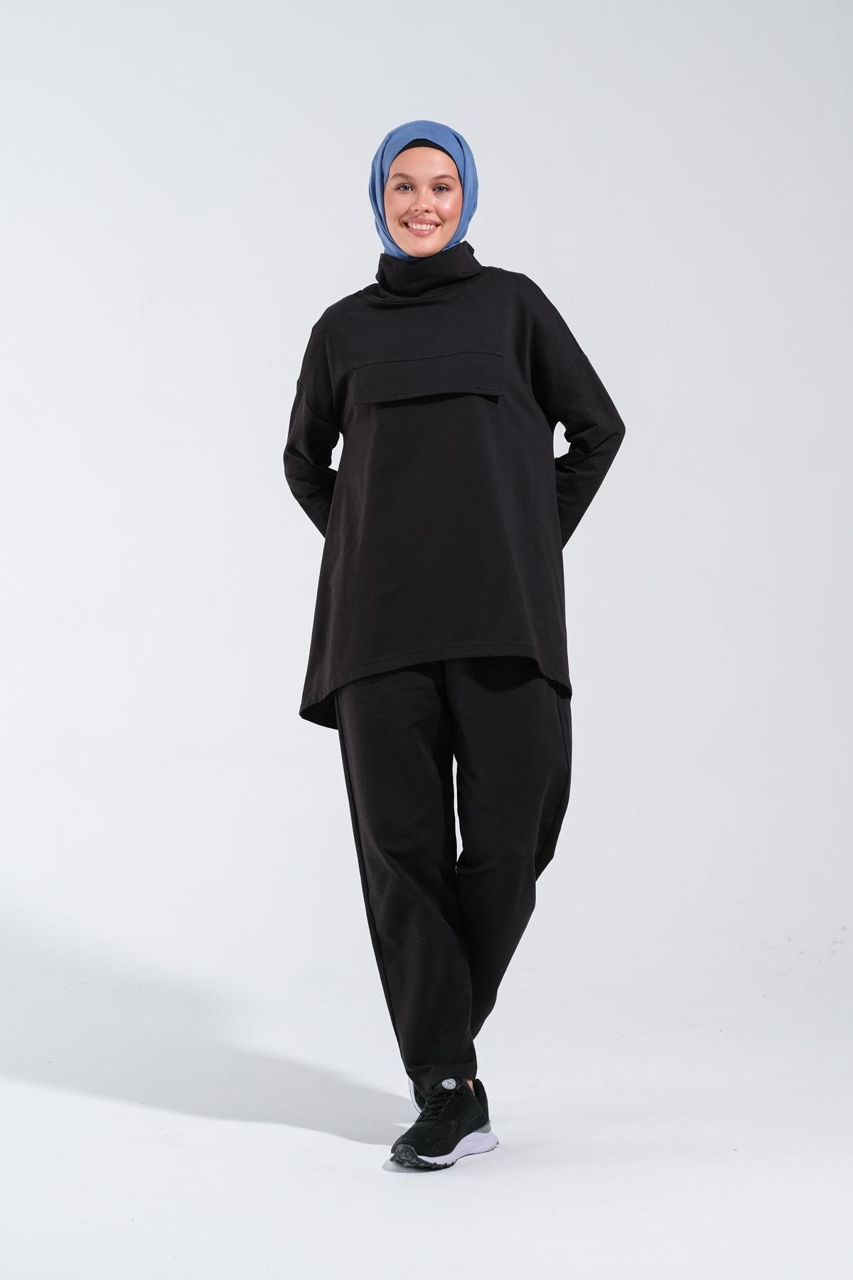 2232_İnterlok Siyah Modern Tasarımlı Eşofman Takımı